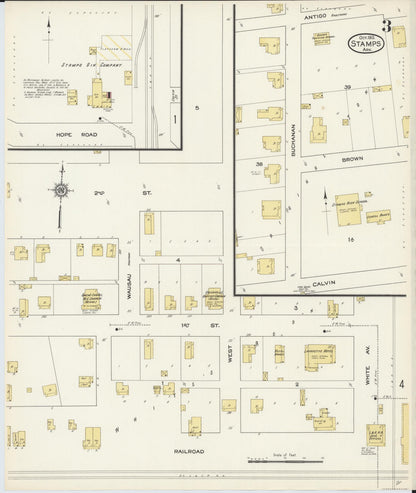 Sanborn Fire Insurance Map from Stamps, Lafayette County, Arkansas (1913), Sheet #0003 - Complete Map Set gallery image, historic Sanborn map, vintage wall art, Arkansas Arkansas
