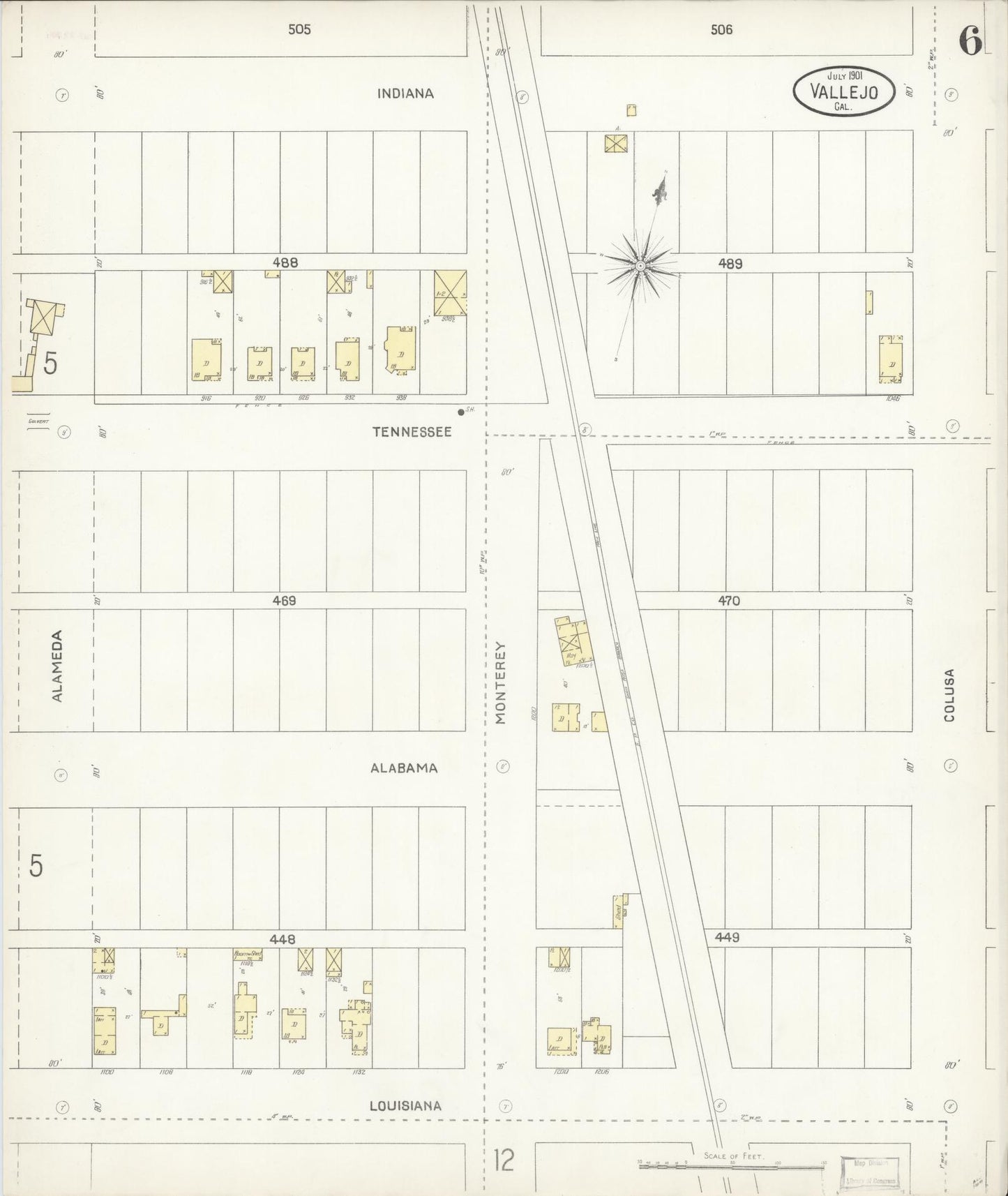 Sanborn Fire Insurance Map from Vallejo, Solano County, California (1901), Sheet #0006 - Complete Map Set gallery image, historic Sanborn map, vintage wall art, California California