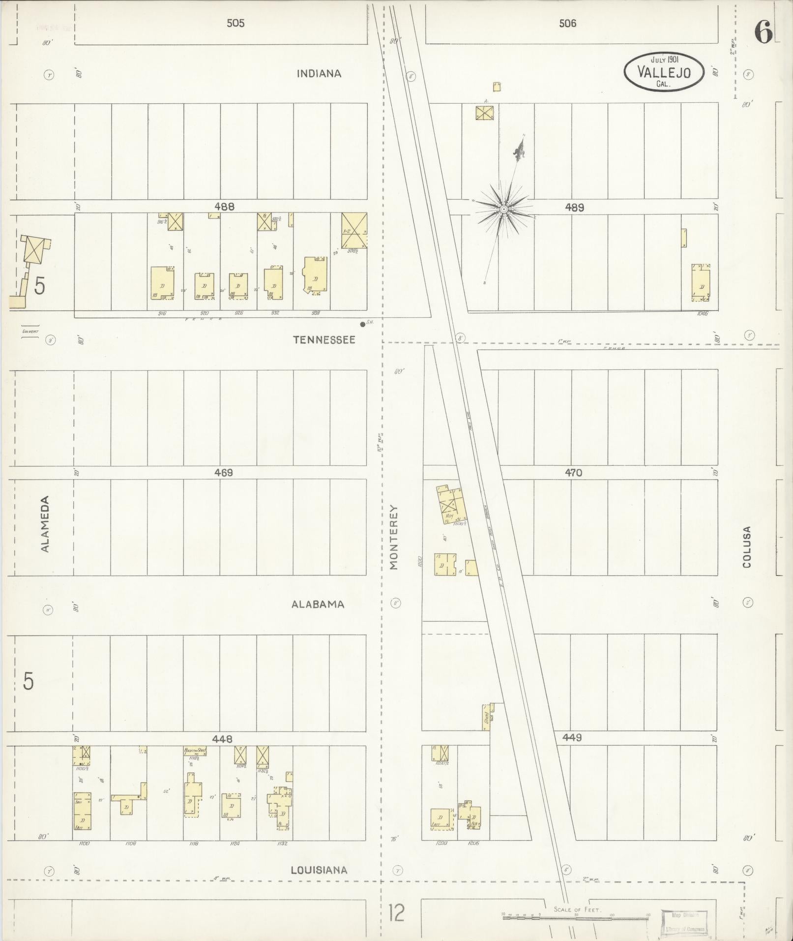 Sanborn Fire Insurance Map from Vallejo, Solano County, California (1901), Sheet #0006 - Complete Map Set gallery image, historic Sanborn map, vintage wall art, California California