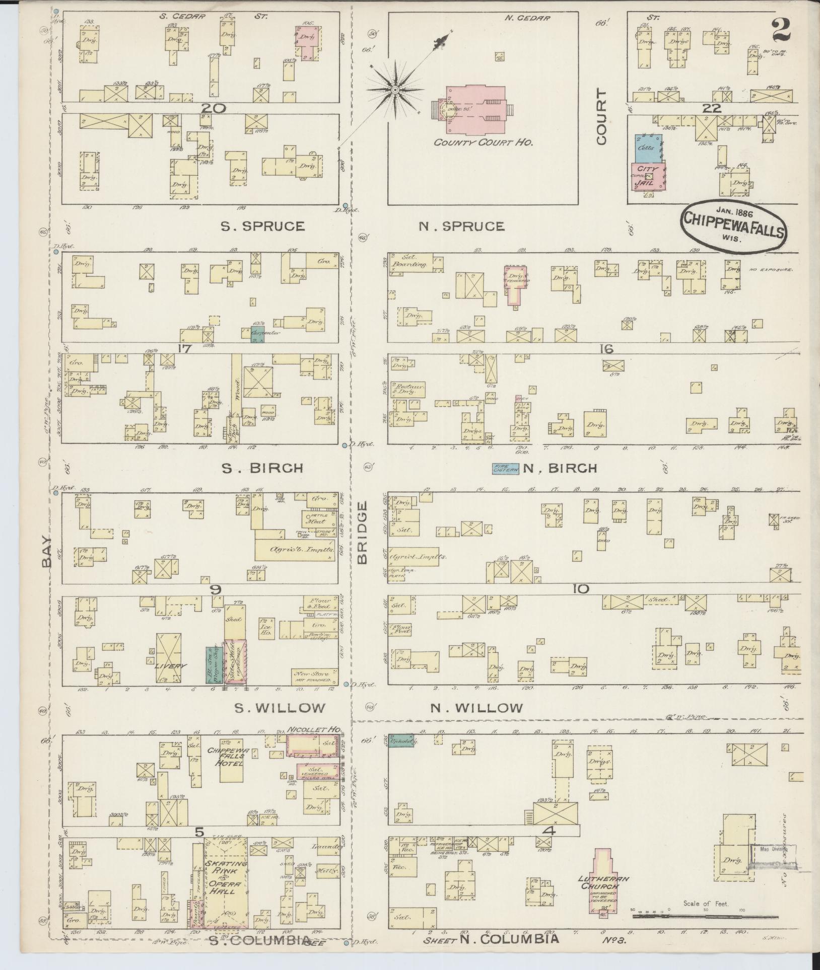 Sanborn Fire Insurance Map from Chippewa Falls, Chippewa County, Wisconsin (1886), Sheet #0002 - Historic Sanborn Fire Insurance Map Print, vintage old map wall art, antique decor, genealogy gift, Wisconsin Wisconsin map
