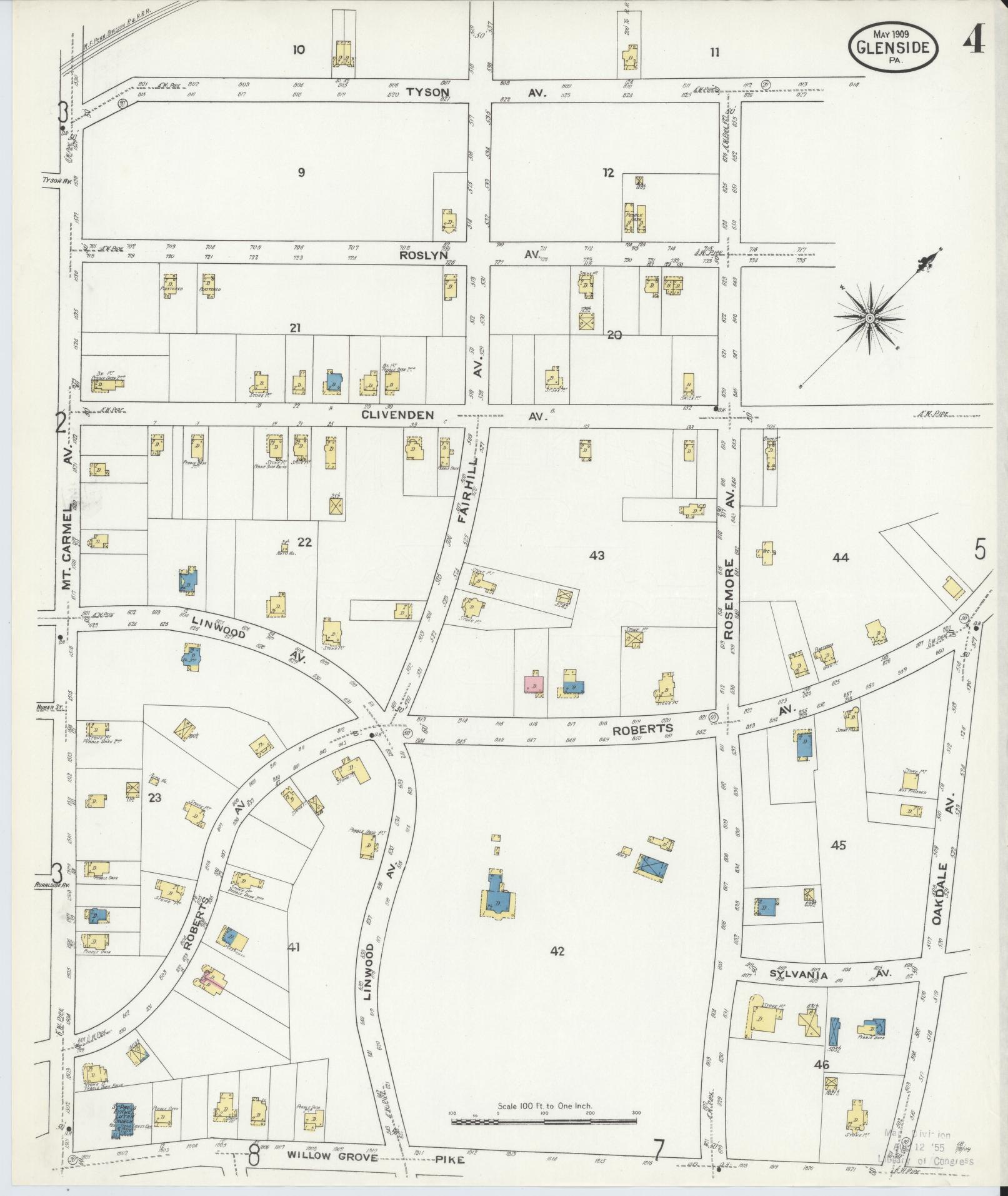 Sanborn Fire Insurance Map from Glenside, Montgomery County, Pennsylvania (1909), Sheet #0004 - Historic Sanborn Fire Insurance Map Print, vintage old map wall art, antique decor, genealogy gift, Pennsylvania Pennsylvania map