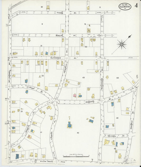 Sanborn Fire Insurance Map from Glenside, Montgomery County, Pennsylvania (1909), Sheet #0004 - Historic Sanborn Fire Insurance Map Print, vintage old map wall art, antique decor, genealogy gift, Pennsylvania Pennsylvania map