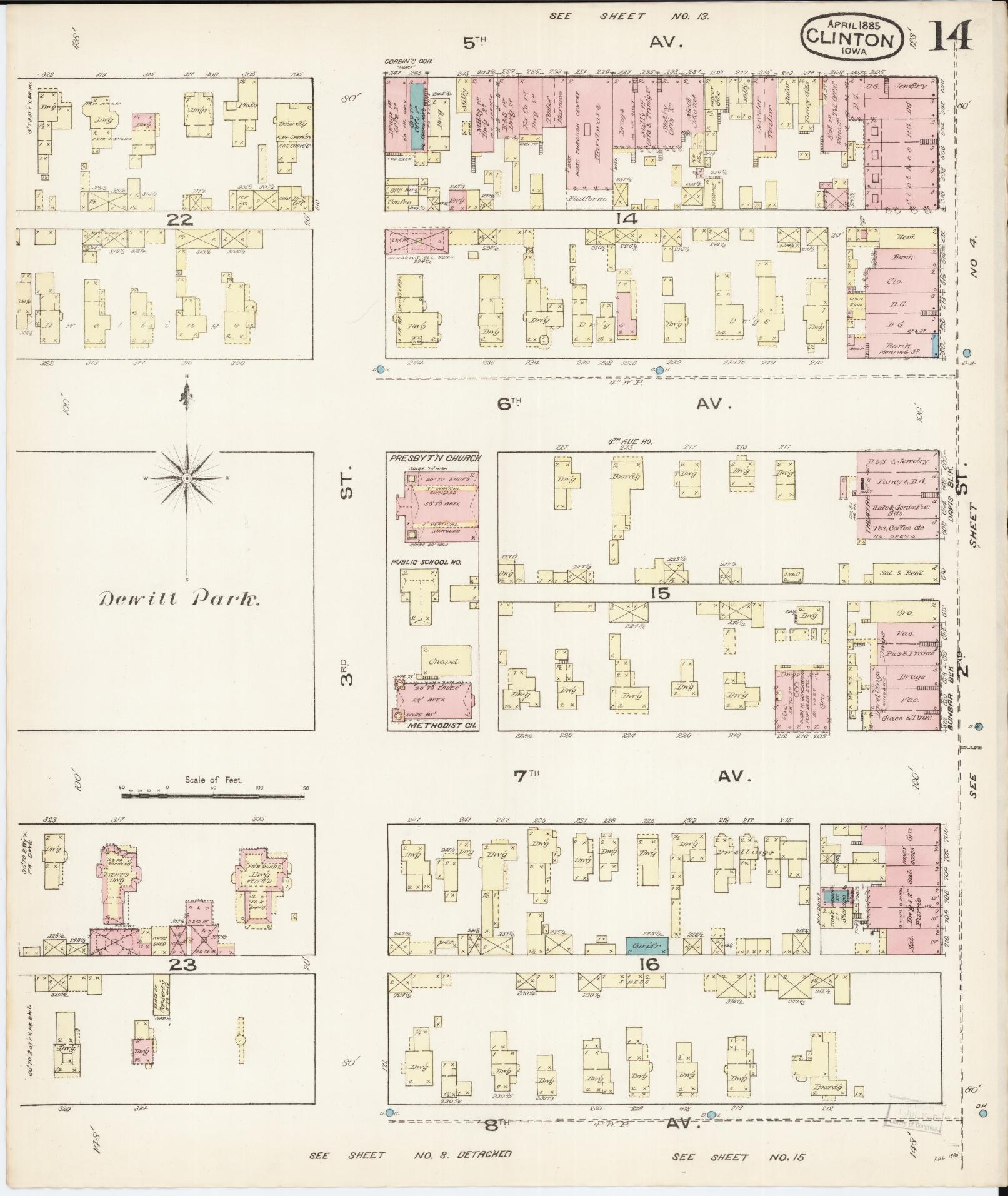 Sanborn Fire Insurance Map from Clinton, Clinton County, Iowa (1885), Sheet #0014 - Historic Sanborn Fire Insurance Map Print, vintage old map wall art