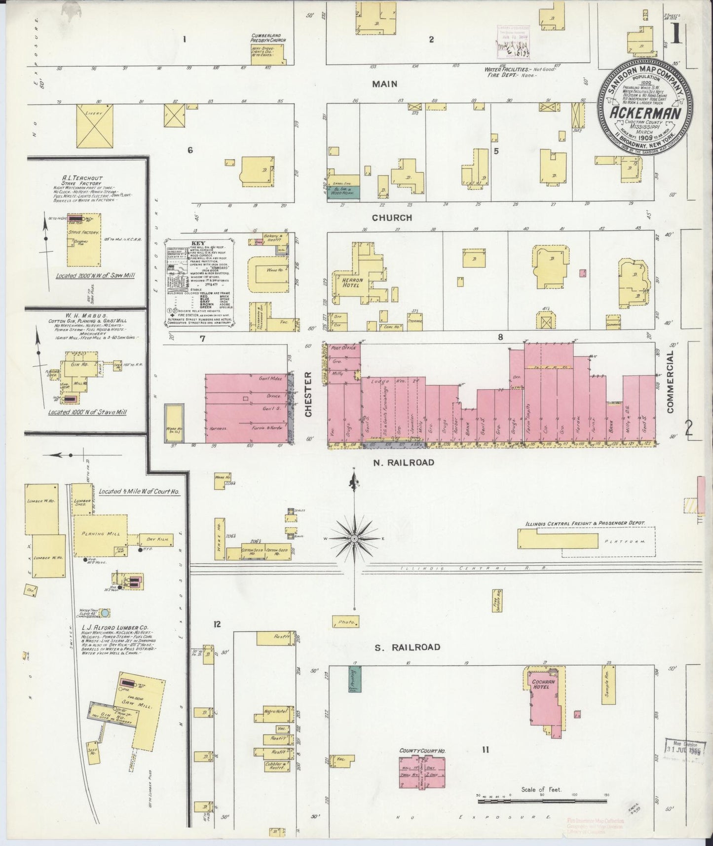 Sanborn Fire Insurance Map from Ackerman, Choctaw County, Mississippi (1909), Sheet #0001 - Historic Sanborn Fire Insurance Map Print, vintage old map wall art, antique decor, genealogy gift, Mississippi Mississippi map