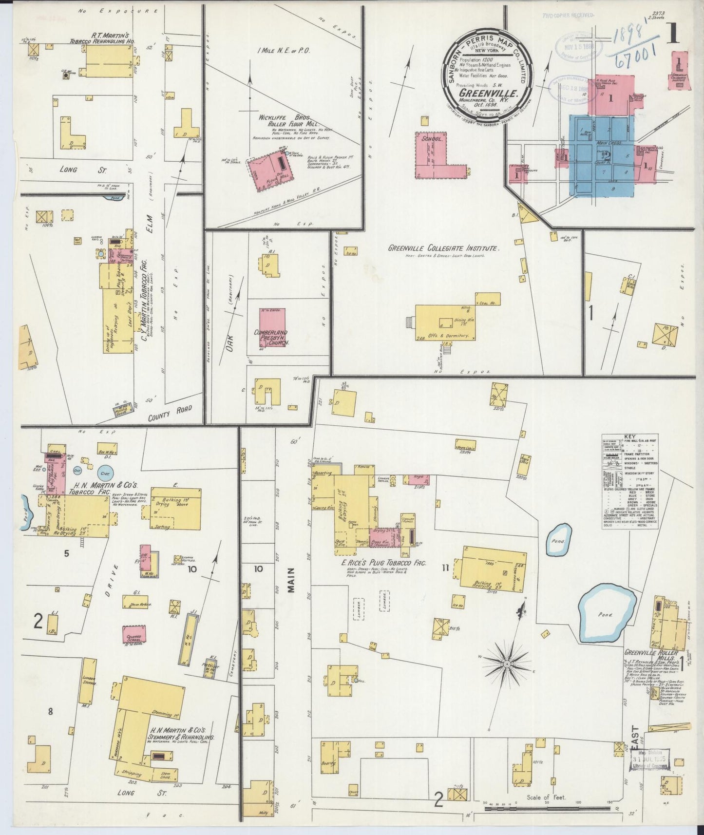 Sanborn Fire Insurance Map from Greenville, Muhlenberg County, Kentucky (1898), Sheet #0001 - Historic Sanborn Fire Insurance Map Print, vintage old map wall art, antique decor, genealogy gift, Kentucky Kentucky map