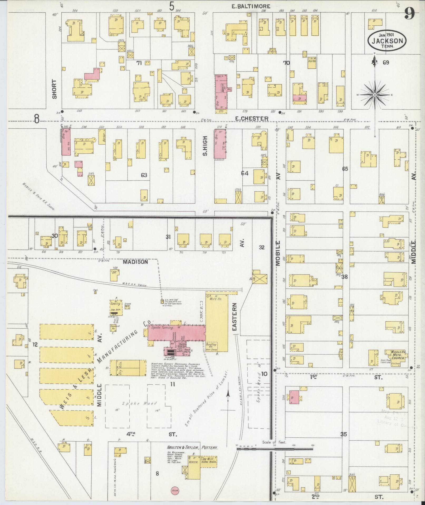 Sanborn Fire Insurance Map from Jackson, Madison County, Tennessee (1901), Sheet #0009 - Complete Map Set gallery image, historic Sanborn map, vintage wall art, Tennessee Tennessee