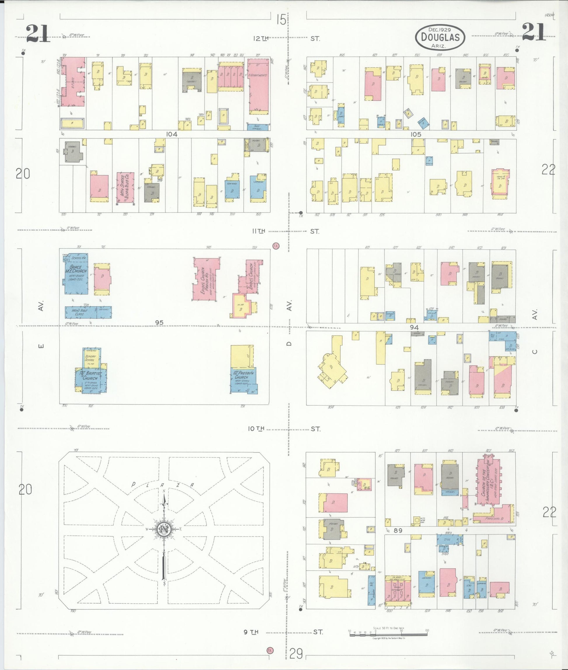 Sanborn Fire Insurance Map from Douglas, Cochise County, Arizona (1929), Sheet #0021 - Historic Sanborn Fire Insurance Map Print, vintage old map wall art, antique decor, genealogy gift, Arizona Arizona map