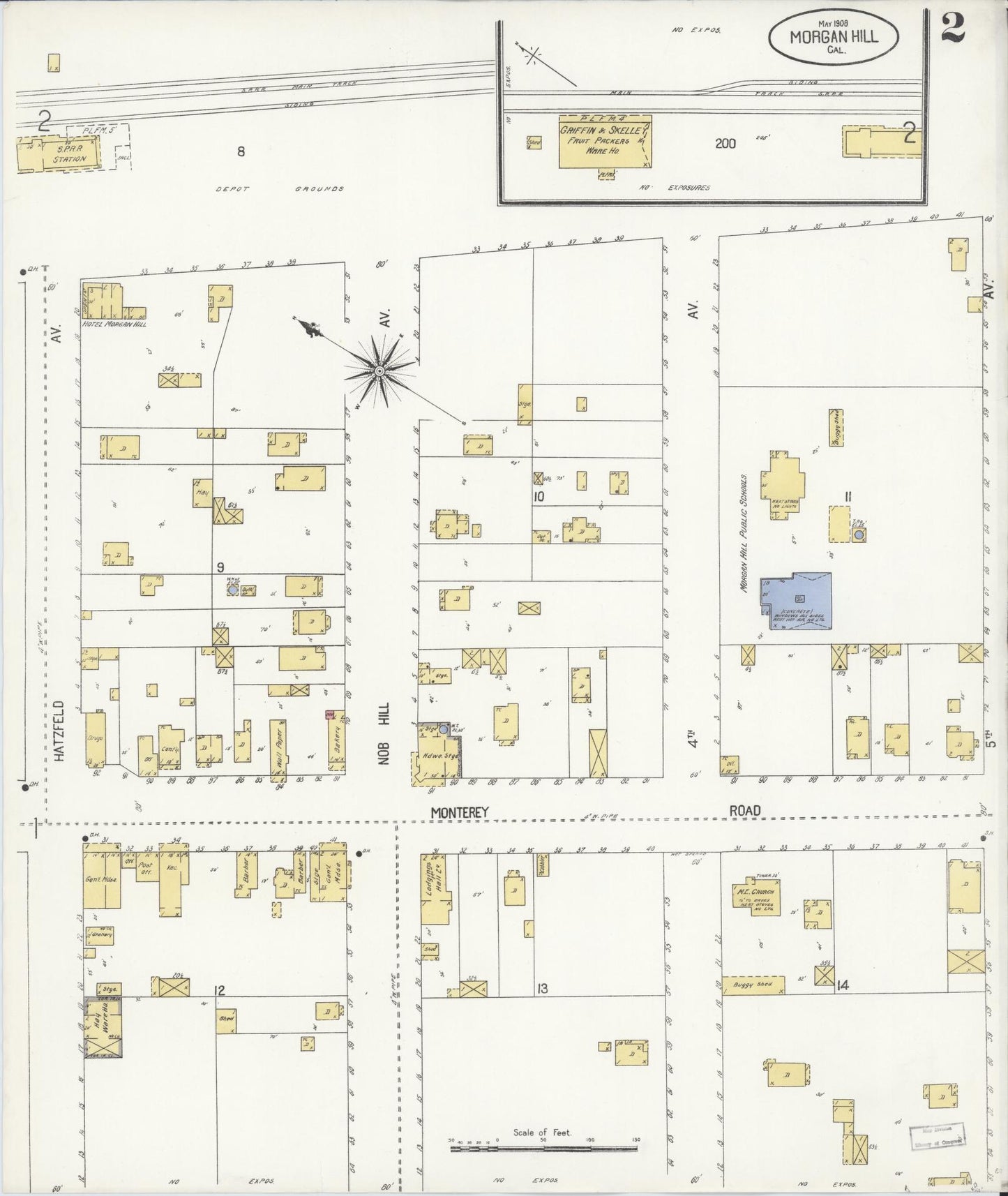 Sanborn Fire Insurance Map from Morgan Hill, Santa Clara County, California (1908), Sheet #0002 - Historic Sanborn Fire Insurance Map Print, vintage old map wall art, antique decor, genealogy gift, California California map