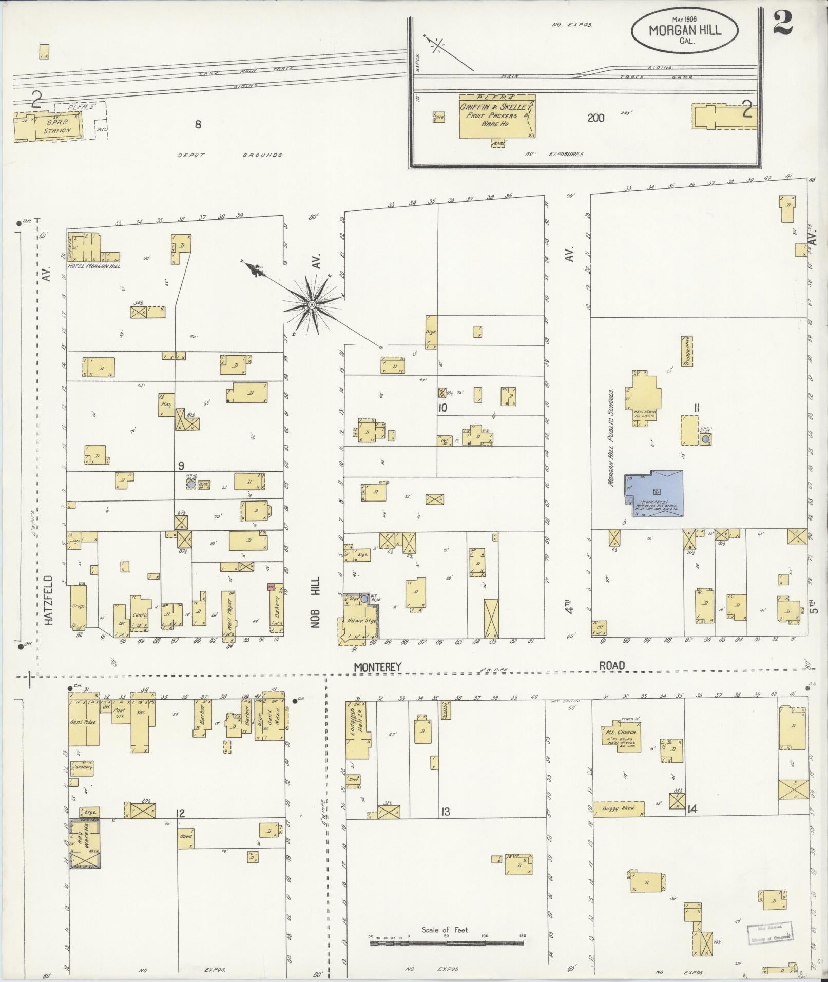 Sanborn Fire Insurance Map from Morgan Hill, Santa Clara County, California (1908), Sheet #0002 - Historic Sanborn Fire Insurance Map Print, vintage old map wall art, antique decor, genealogy gift, California California map
