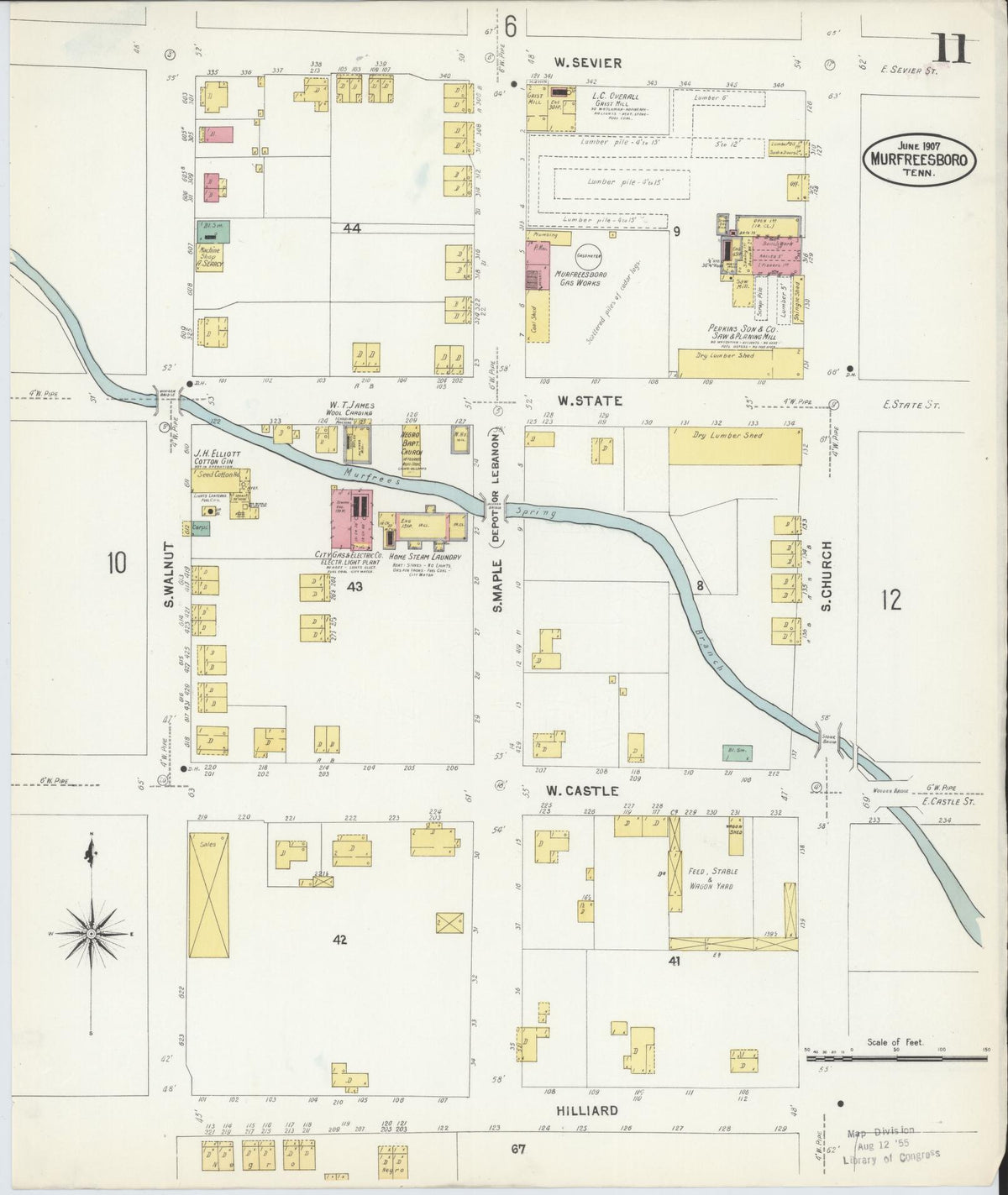 Sanborn Fire Insurance Map from Murfreesboro, Rutherford County, Tennessee (1907), Sheet #0011 - Complete Map Set gallery image, historic Sanborn map, vintage wall art, Tennessee Tennessee