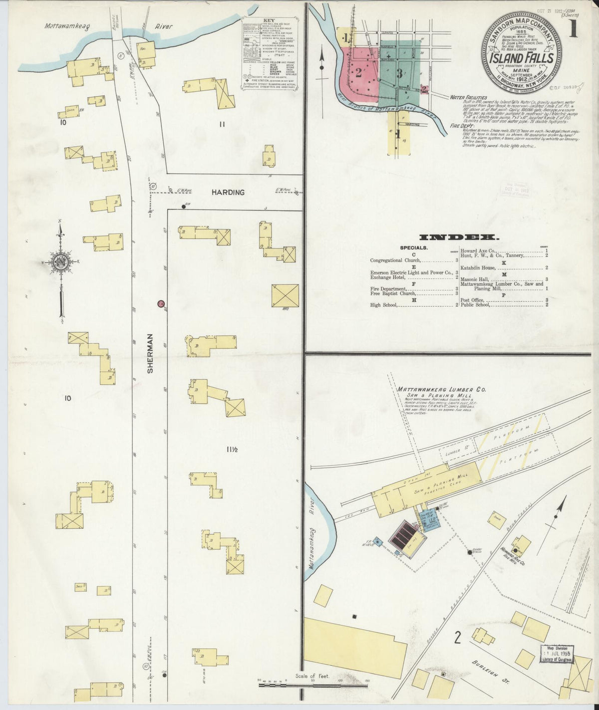 Sanborn Fire Insurance Map from Island Falls, Aroostook County, Maine (1912), Sheet #0001 - Complete Map Set gallery image, historic Sanborn map, vintage wall art, Maine Maine
