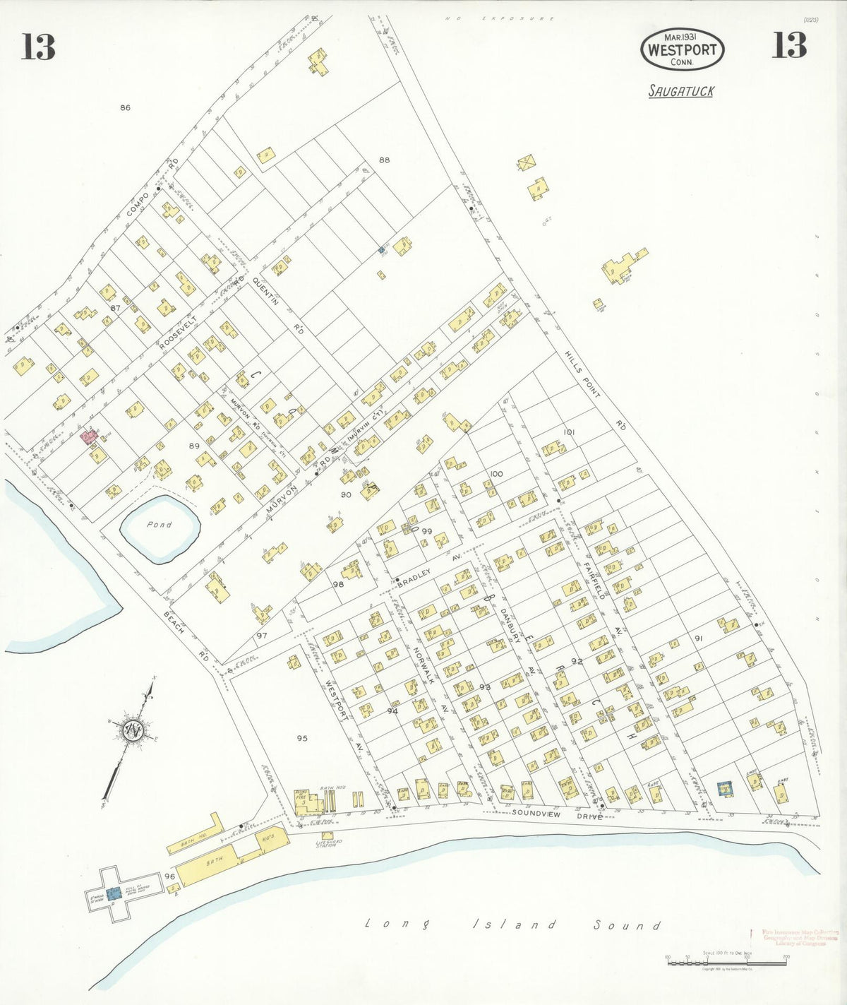 Sanborn Fire Insurance Map from Westport, Fairfield County, Connecticut (1931), Sheet #0013 - Historic Sanborn Fire Insurance Map Print, vintage old map wall art, antique decor, genealogy gift, Connecticut Connecticut map