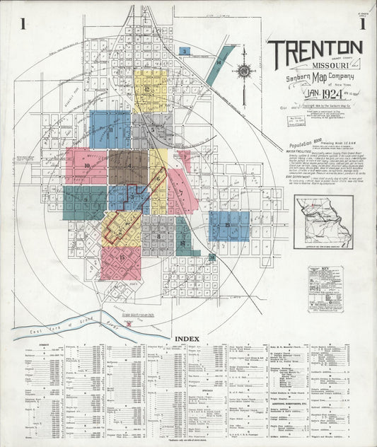 Sanborn Fire Insurance Map from Trenton, Grundy County, Missouri (1924), Sheet #0001 - Historic Sanborn Fire Insurance Map Print, vintage old map wall art, antique decor, genealogy gift, Missouri Missouri map