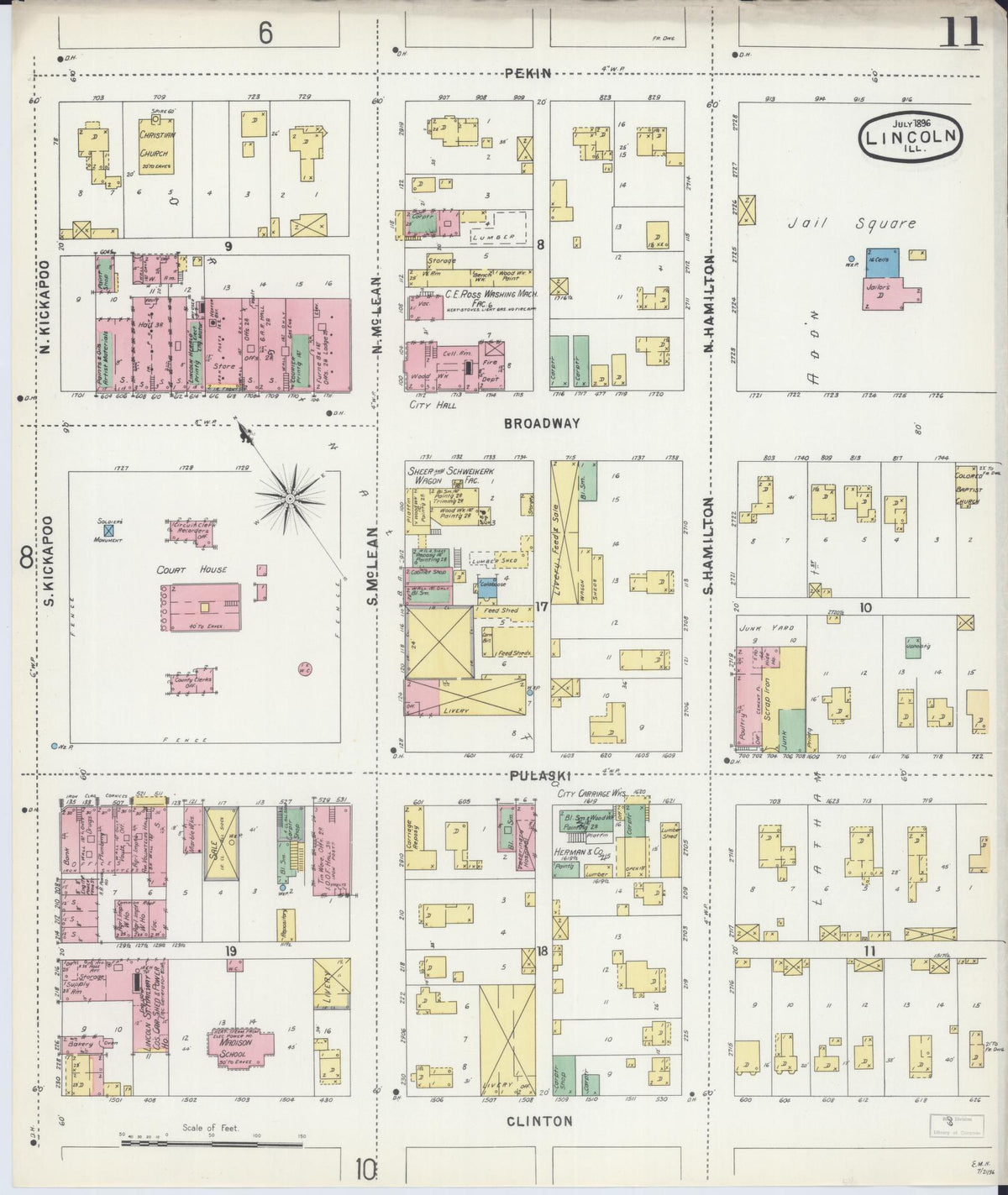 Sanborn Fire Insurance Map from Lincoln, Logan County, Illinois (1896), Sheet #0011 - Historic Sanborn Fire Insurance Map Print, vintage old map wall art, antique decor, genealogy gift, Illinois Illinois map