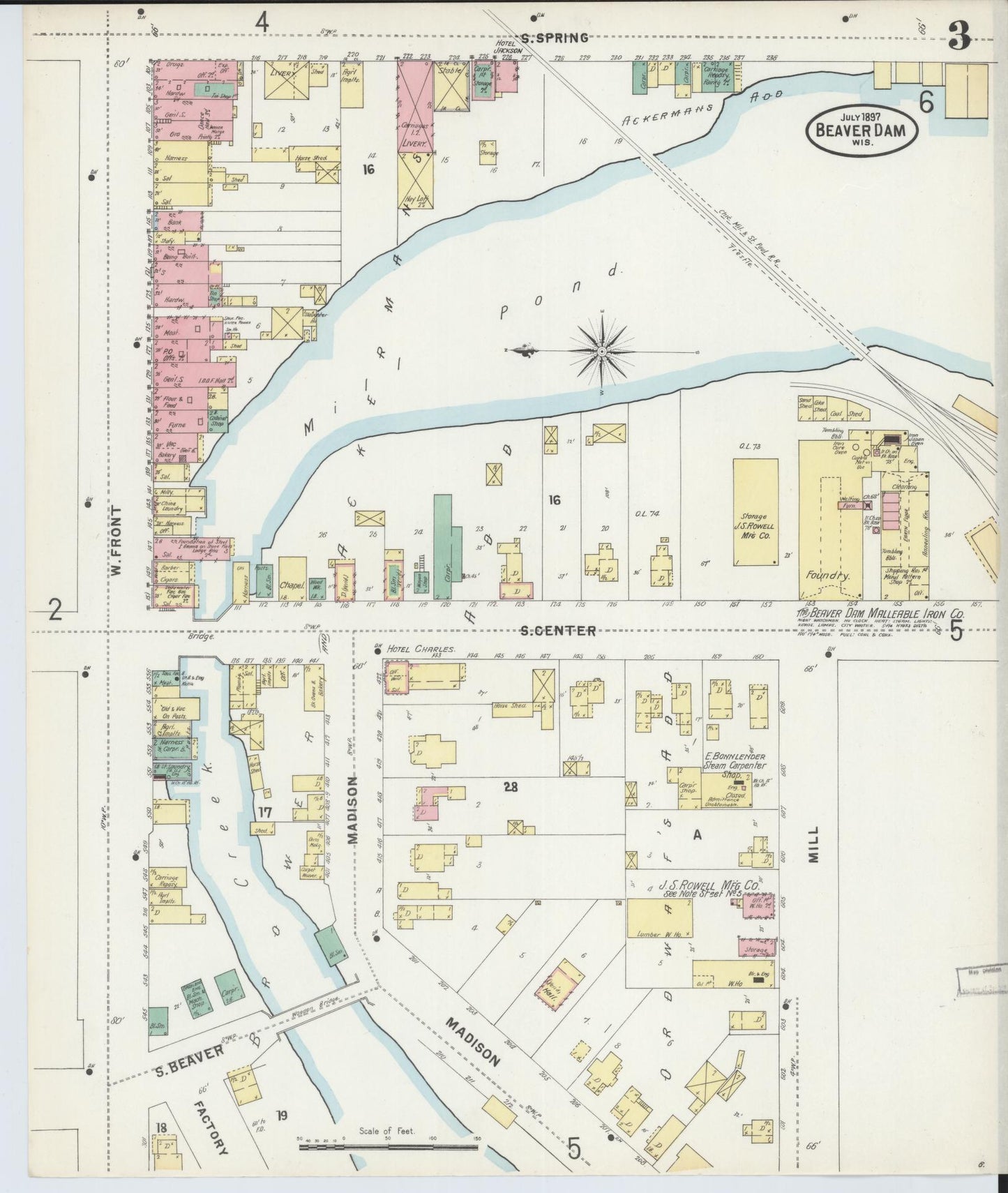 Sanborn Fire Insurance Map from Beaver Dam, Dodge County, Wisconsin (1897), Sheet #0003 - Historic Sanborn Fire Insurance Map Print, vintage old map wall art, antique decor, genealogy gift, Wisconsin Wisconsin map