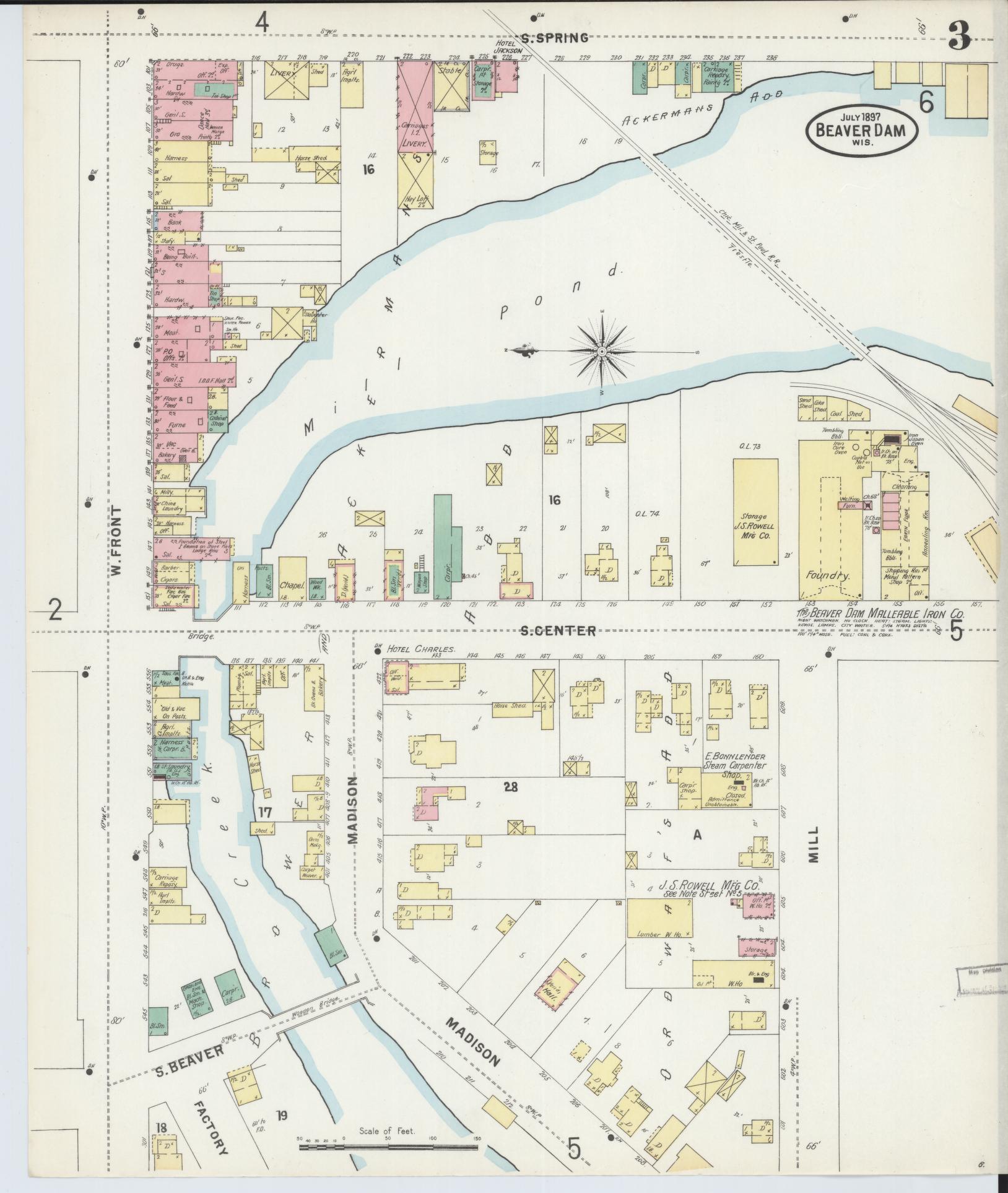 Sanborn Fire Insurance Map from Beaver Dam, Dodge County, Wisconsin (1897), Sheet #0003 - Historic Sanborn Fire Insurance Map Print, vintage old map wall art, antique decor, genealogy gift, Wisconsin Wisconsin map
