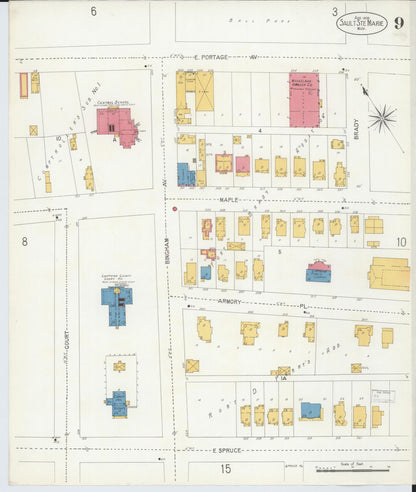 Sanborn Fire Insurance Map from Sault Sainte Marie, Chippewa County, Michigan (1906), Sheet #0009 - Historic Sanborn Fire Insurance Map Print, vintage old map wall art, antique decor, genealogy gift, Michigan Michigan map