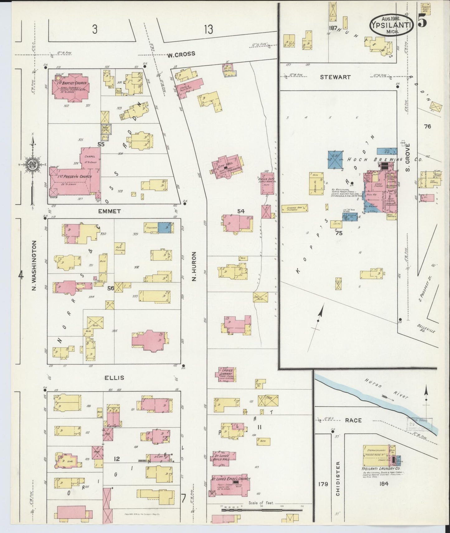 Sanborn Fire Insurance Map from Ypsilanti, Washtenaw County, Michigan (1916), Sheet #0005 - Complete Map Set gallery image, historic Sanborn map, vintage wall art, Michigan Michigan