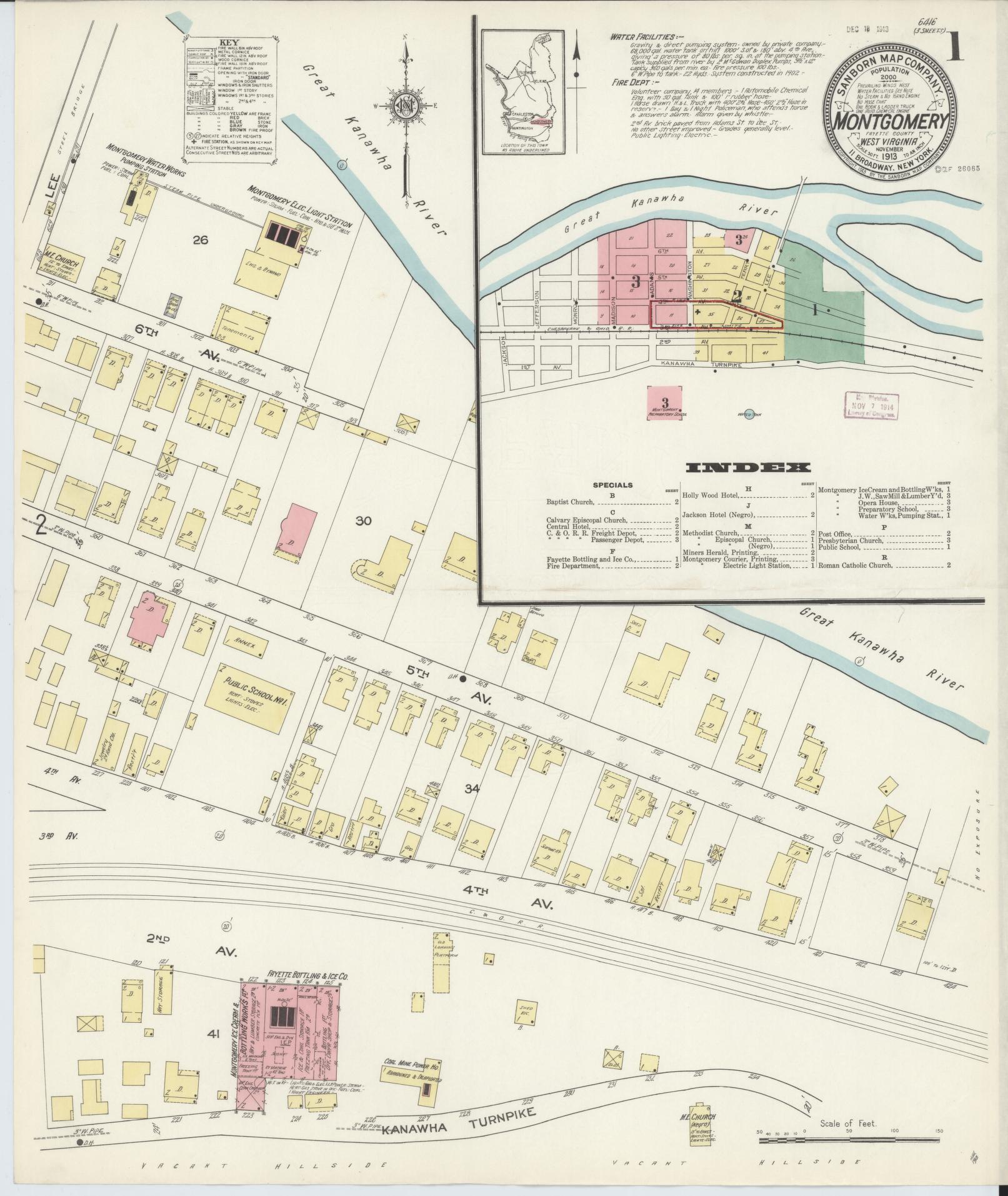 Sanborn Fire Insurance Map from Montgomery, Fayette County, West Virginia (1913), Sheet #0001 - Complete Map Set gallery image, historic Sanborn map, vintage wall art, West Virginia West Virginia