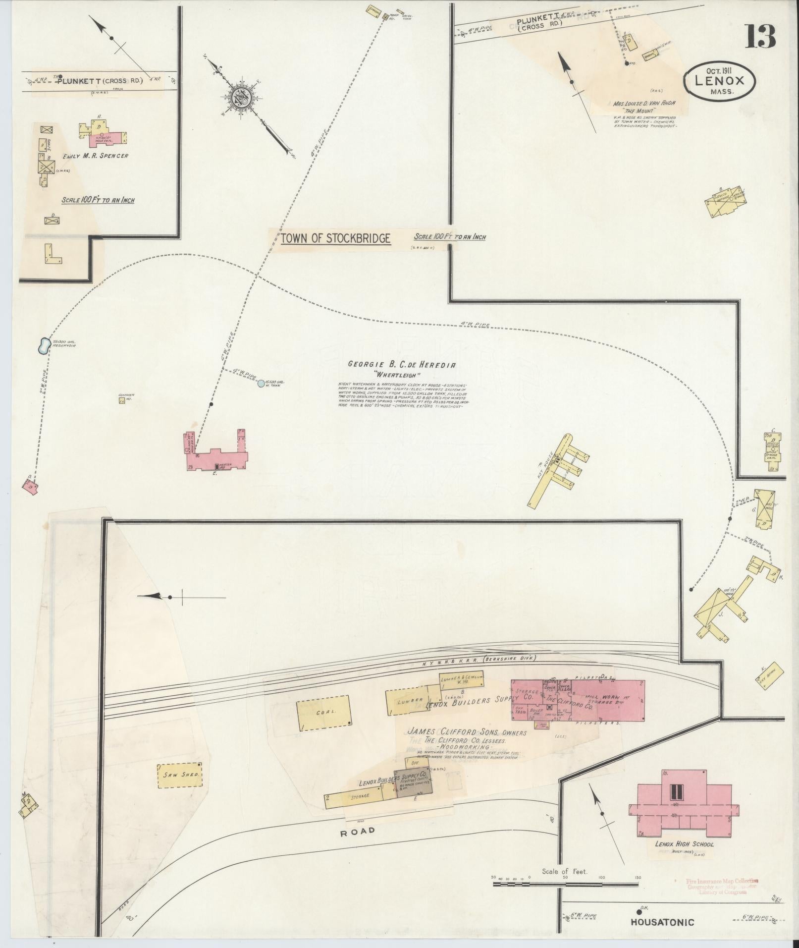 Sanborn Fire Insurance Map from Lenox, Berkshire County, Massachusetts (1939), Sheet #0013 - Historic Sanborn Fire Insurance Map Print, vintage old map wall art, antique decor, genealogy gift, Massachusetts Massachusetts map