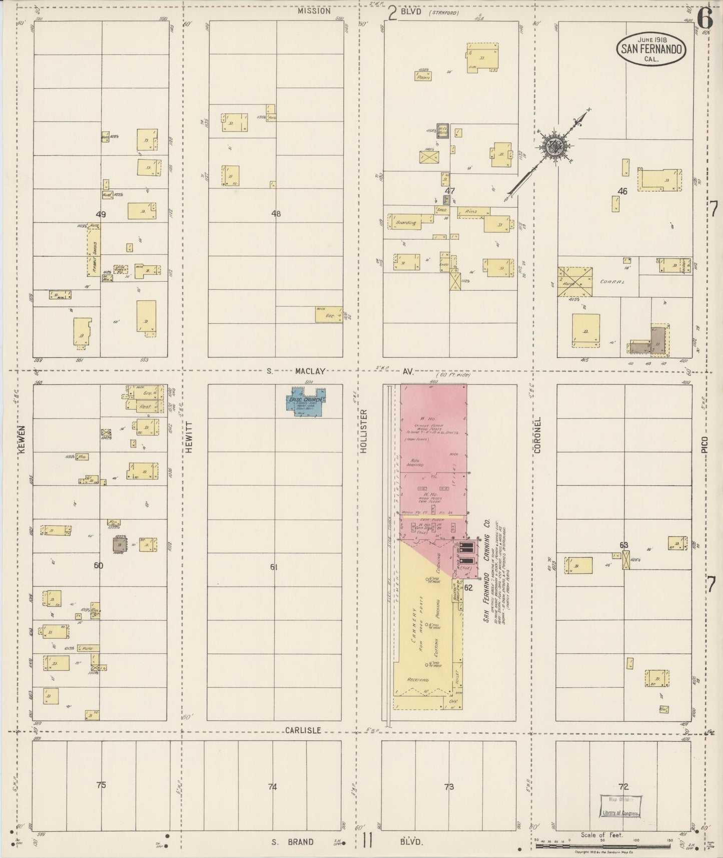 Sanborn Fire Insurance Map from San Fernando, Los Angeles County, California (1918), Sheet #0006 - Complete Map Set gallery image, historic Sanborn map, vintage wall art, California California