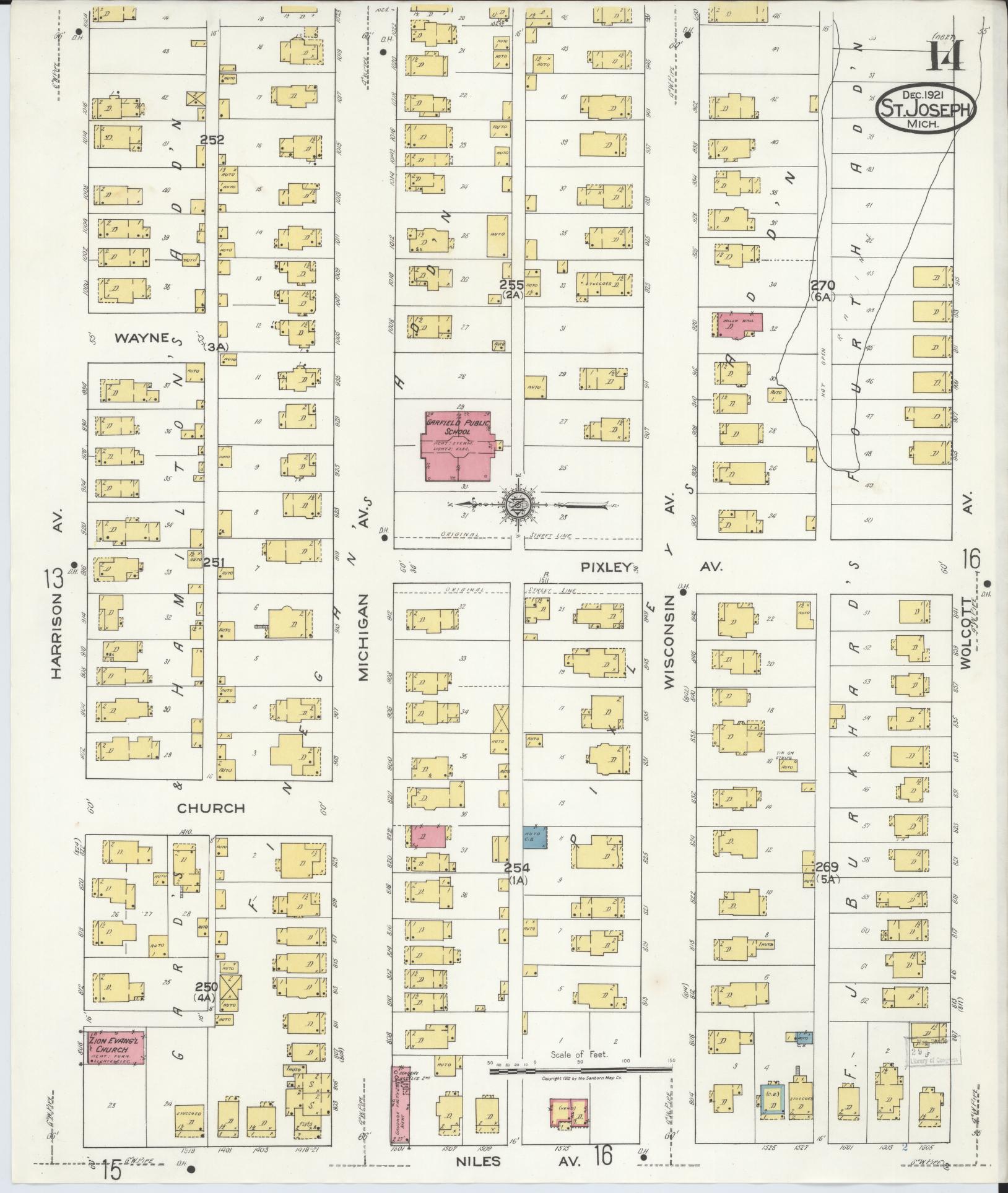 Sanborn Fire Insurance Map from Saint Joseph, Berrien County, Michigan (1921), Sheet #0014 - Complete Map Set gallery image, historic Sanborn map, vintage wall art, Michigan Michigan
