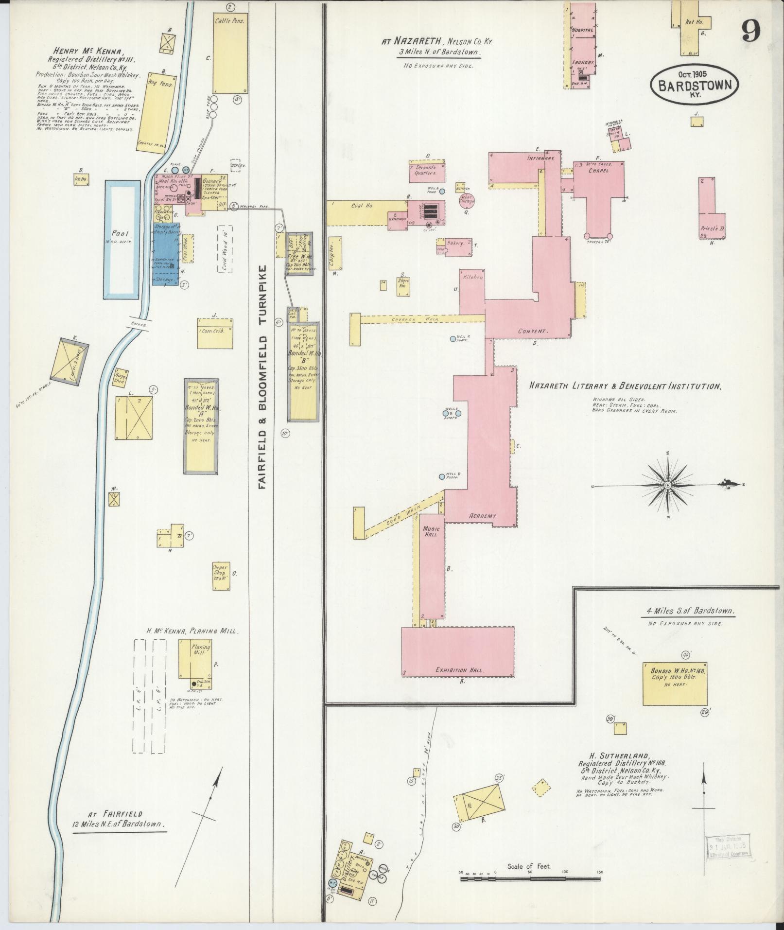 Sanborn Fire Insurance Map from Bardstown, Nelson County, Kentucky (1905), Sheet #0009 - Complete Map Set gallery image, historic Sanborn map, vintage wall art, Kentucky Kentucky