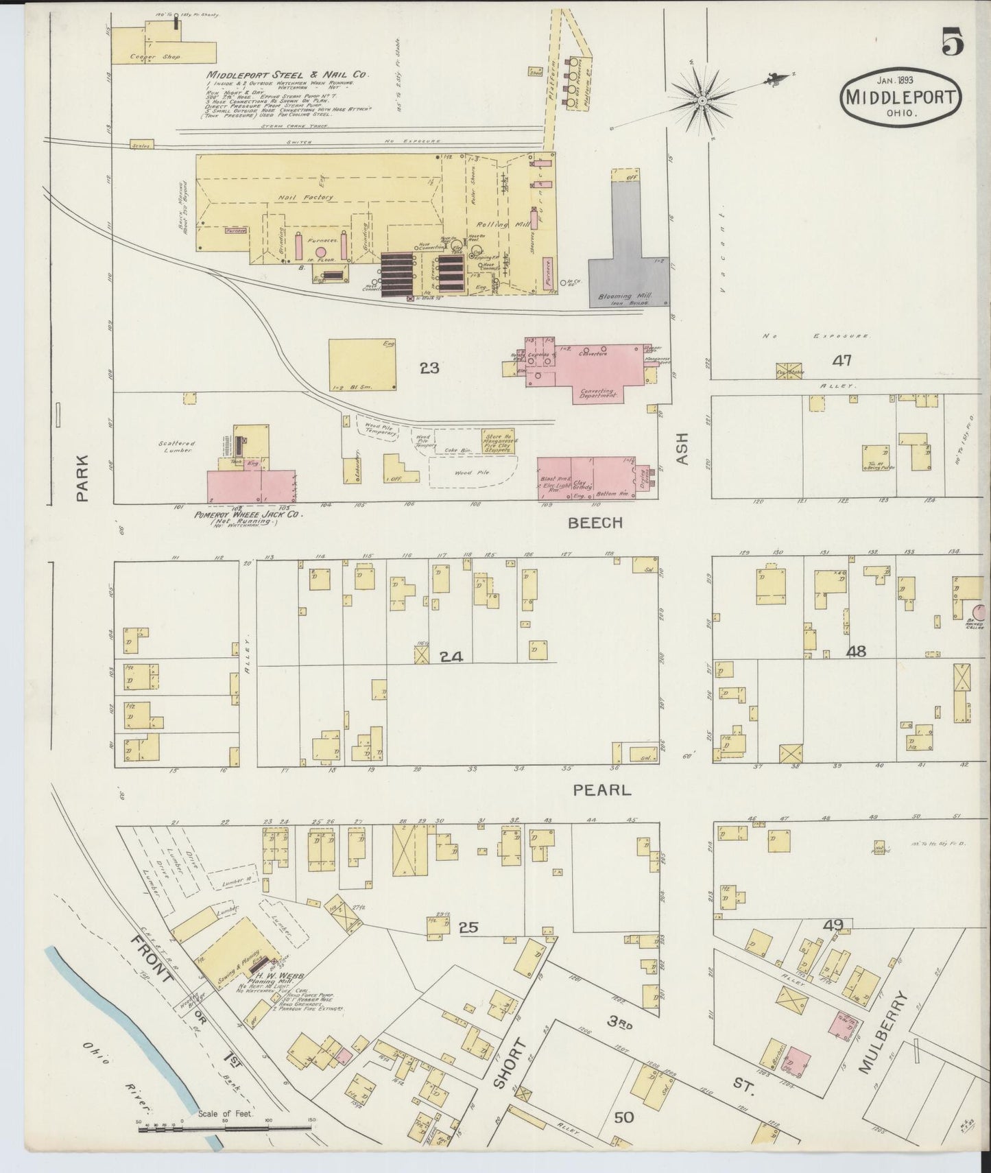 Sanborn Fire Insurance Map from Middleport, Meigs County, Ohio (1893), Sheet #0005 - Historic Sanborn Fire Insurance Map Print, vintage old map wall art, antique decor, genealogy gift, Ohio Ohio map