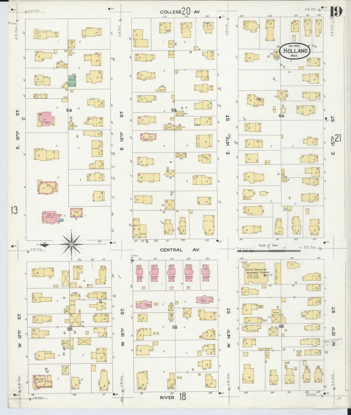 Sanborn Fire Insurance Map from Holland, Ottawa County, Michigan (1908), Sheet #0019 - Complete Map Set gallery image, historic Sanborn map, vintage wall art, Michigan Michigan