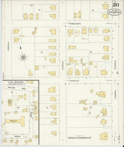 Sanborn Fire Insurance Map from Goldsboro, Wayne County, North Carolina (1908), Sheet #0020 - Historic Sanborn Fire Insurance Map Print, vintage old map wall art, antique decor, genealogy gift, North Carolina North Carolina map
