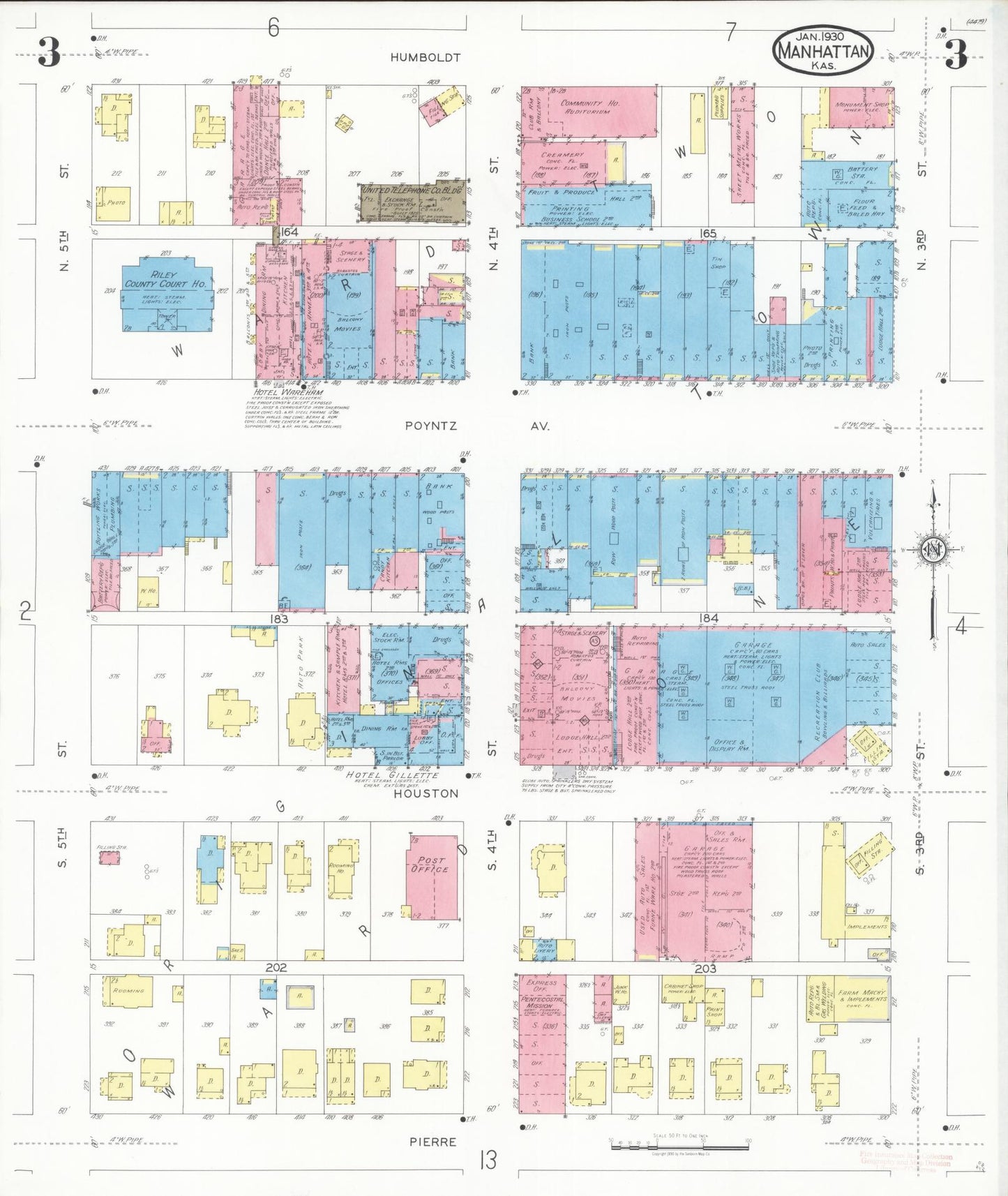 Sanborn Fire Insurance Map from Manhattan, Riley County, Kansas (1930), Sheet #0003 - Historic Sanborn Fire Insurance Map Print, vintage old map wall art, antique decor, genealogy gift, Kansas Kansas map