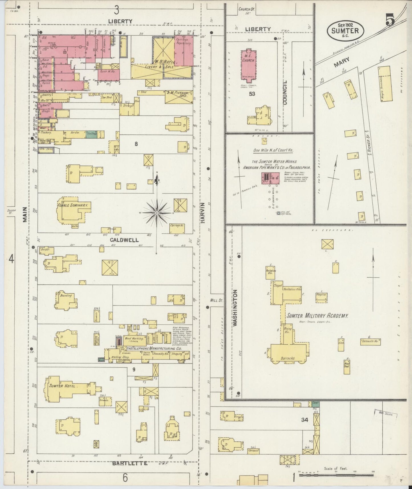 Sanborn Fire Insurance Map from Sumter, Sumter County, South Carolina (1902), Sheet #0005 - Historic Sanborn Fire Insurance Map Print, vintage old map wall art, antique decor, genealogy gift, South Carolina South Carolina map