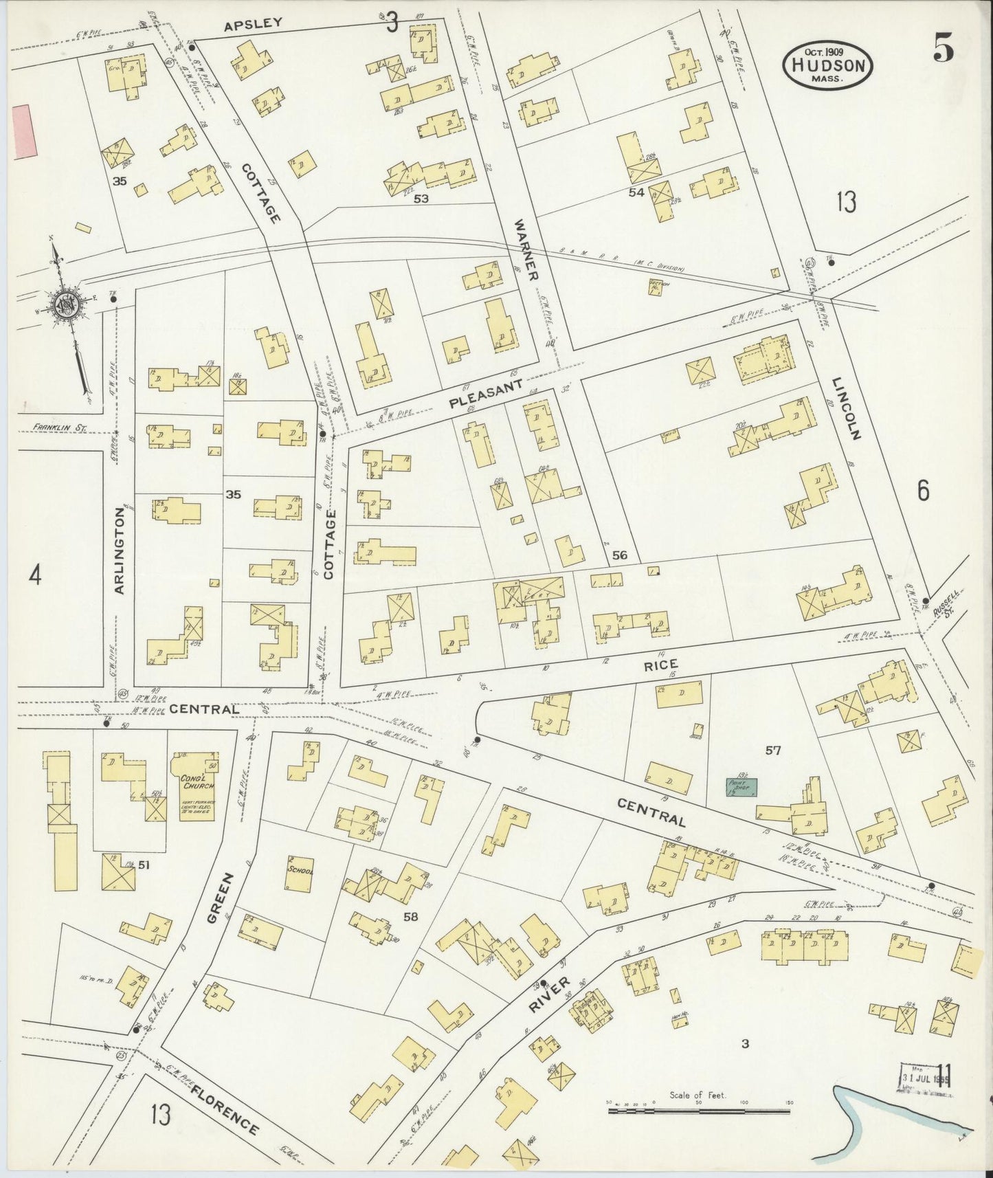Sanborn Fire Insurance Map from Hudson, Middlesex County, Massachusetts (1909), Sheet #0005 - Historic Sanborn Fire Insurance Map Print, vintage old map wall art, antique decor, genealogy gift, Massachusetts Massachusetts map