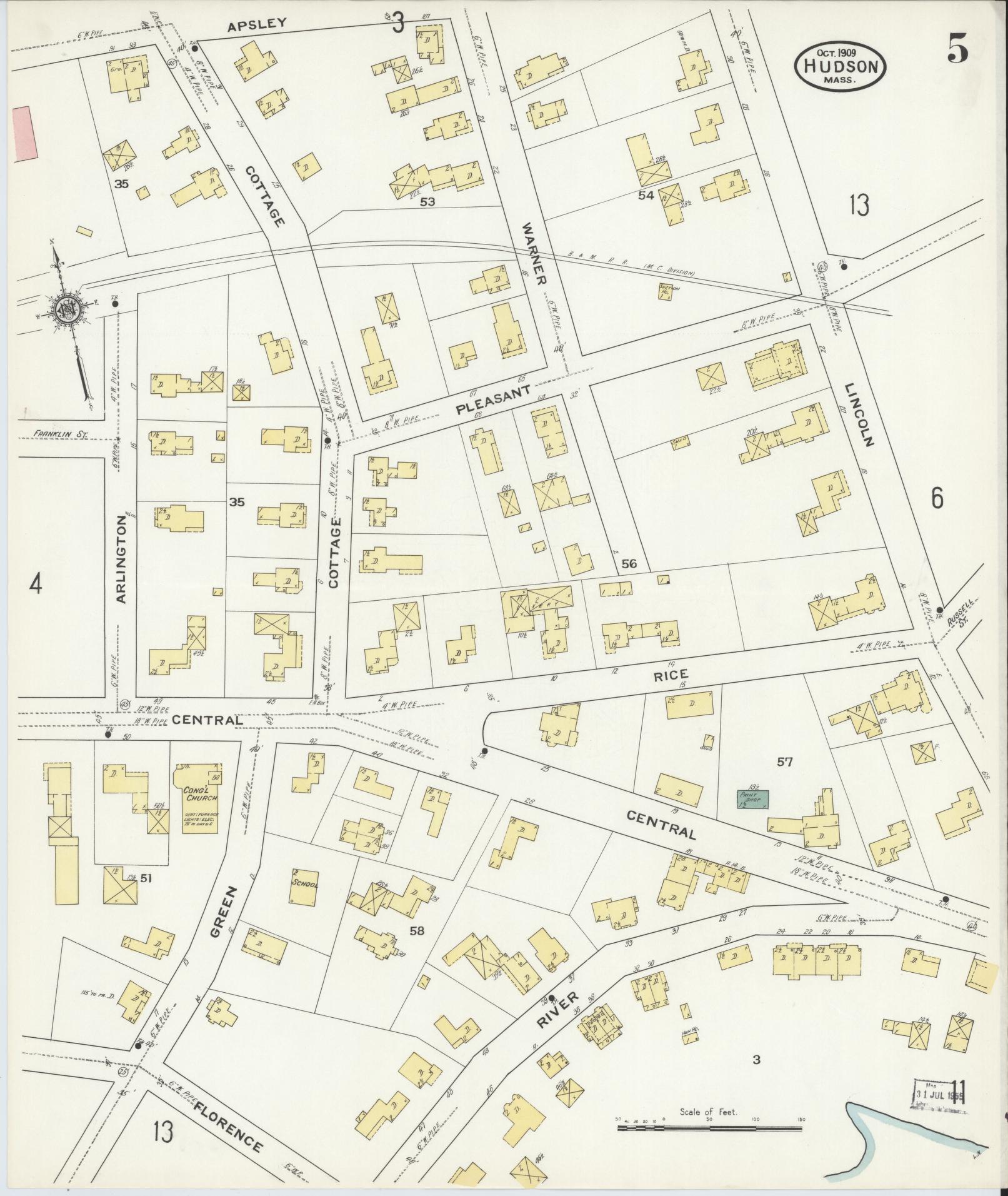 Sanborn Fire Insurance Map from Hudson, Middlesex County, Massachusetts (1909), Sheet #0005 - Historic Sanborn Fire Insurance Map Print, vintage old map wall art, antique decor, genealogy gift, Massachusetts Massachusetts map