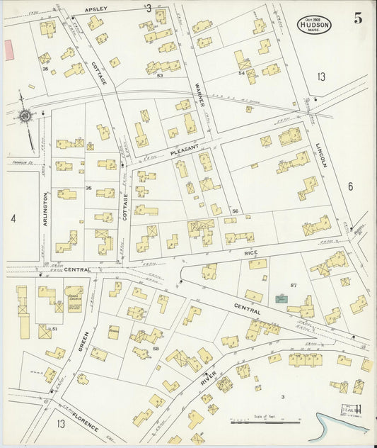 Sanborn Fire Insurance Map from Hudson, Middlesex County, Massachusetts (1909), Sheet #0005 - Historic Sanborn Fire Insurance Map Print, vintage old map wall art, antique decor, genealogy gift, Massachusetts Massachusetts map