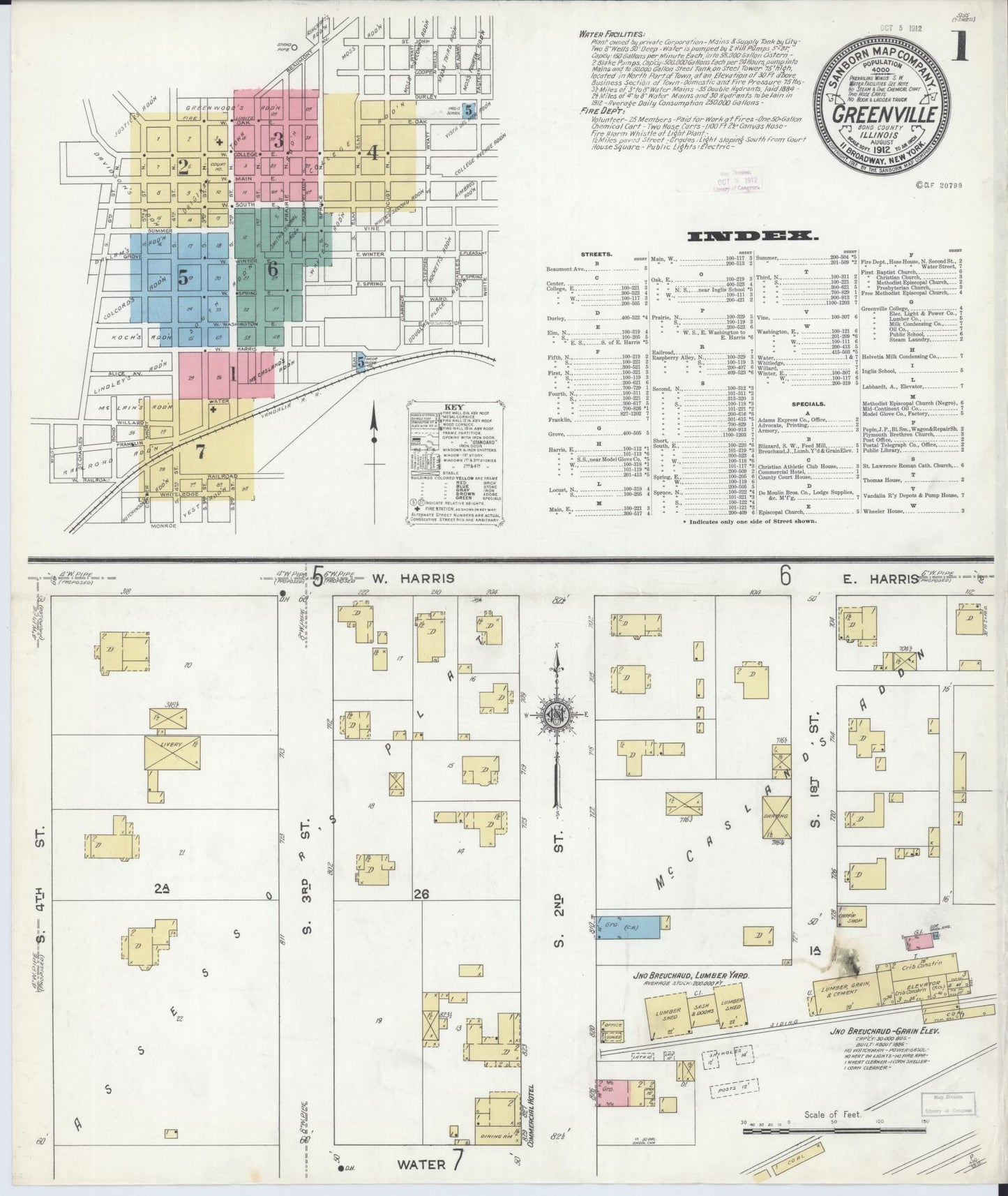 Sanborn Fire Insurance Map from Greenville, Bond County, Illinois (1912), Sheet #0001 - Complete Map Set gallery image, historic Sanborn map, vintage wall art, Illinois Illinois
