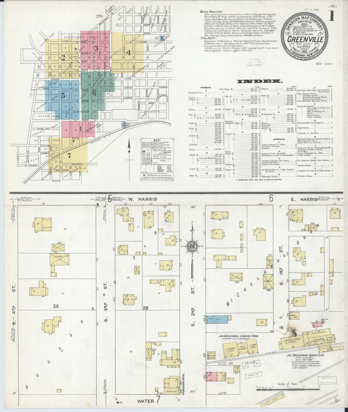 Sanborn Fire Insurance Map from Greenville, Bond County, Illinois (1912), Sheet #0001 - Complete Map Set gallery image, historic Sanborn map, vintage wall art, Illinois Illinois
