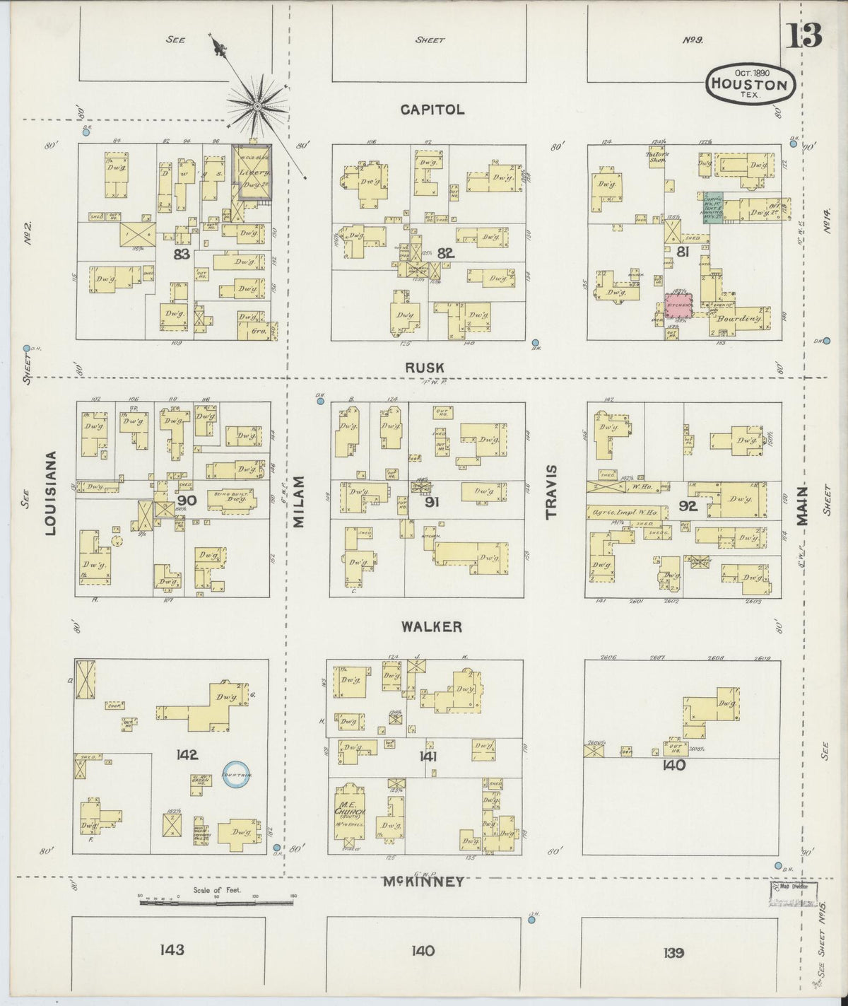 Sanborn Fire Insurance Map from Houston, Harris County, Texas (1890), Sheet #0013 - Complete Map Set gallery image, historic Sanborn map, vintage wall art, Texas Texas
