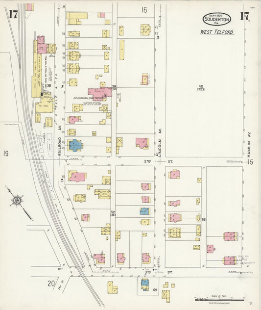 Sanborn Fire Insurance Map from Souderton, Montgomery County, Pennsylvania (1924), Sheet #0017 - Historic Sanborn Fire Insurance Map Print, vintage old map wall art, antique decor, genealogy gift, Pennsylvania Pennsylvania map