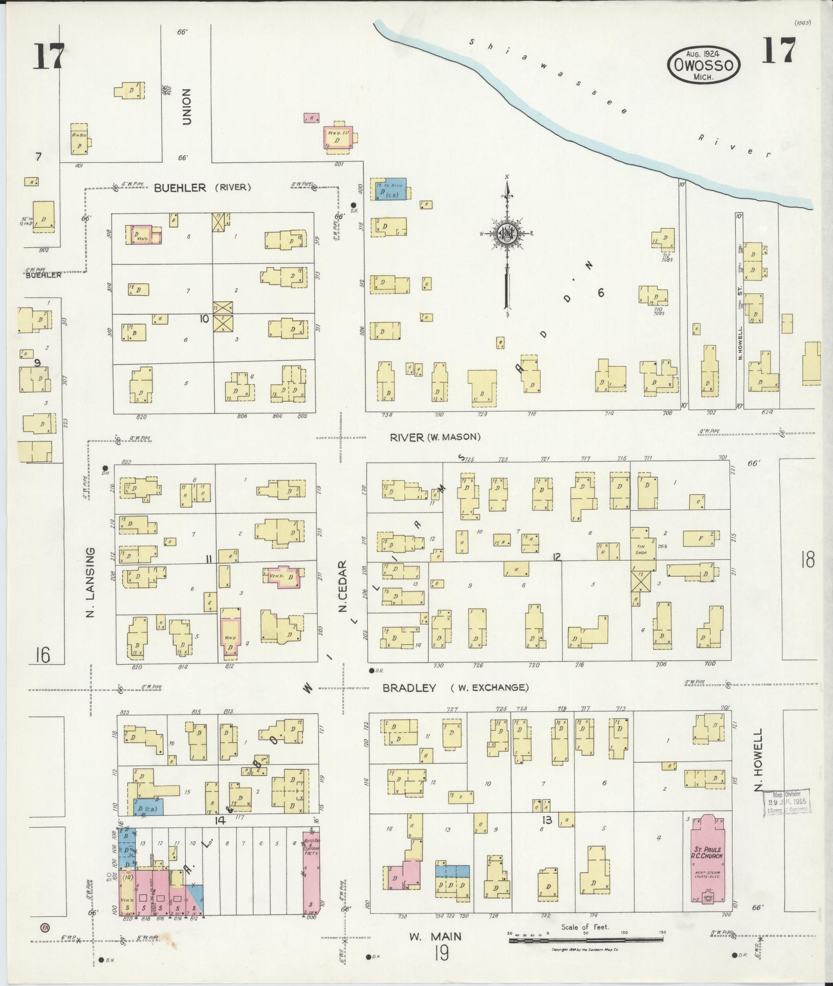 Sanborn Fire Insurance Map from Owosso, Shiawassee County, Michigan (1924), Sheet #0017 - Complete Map Set gallery image, historic Sanborn map, vintage wall art, Michigan Michigan