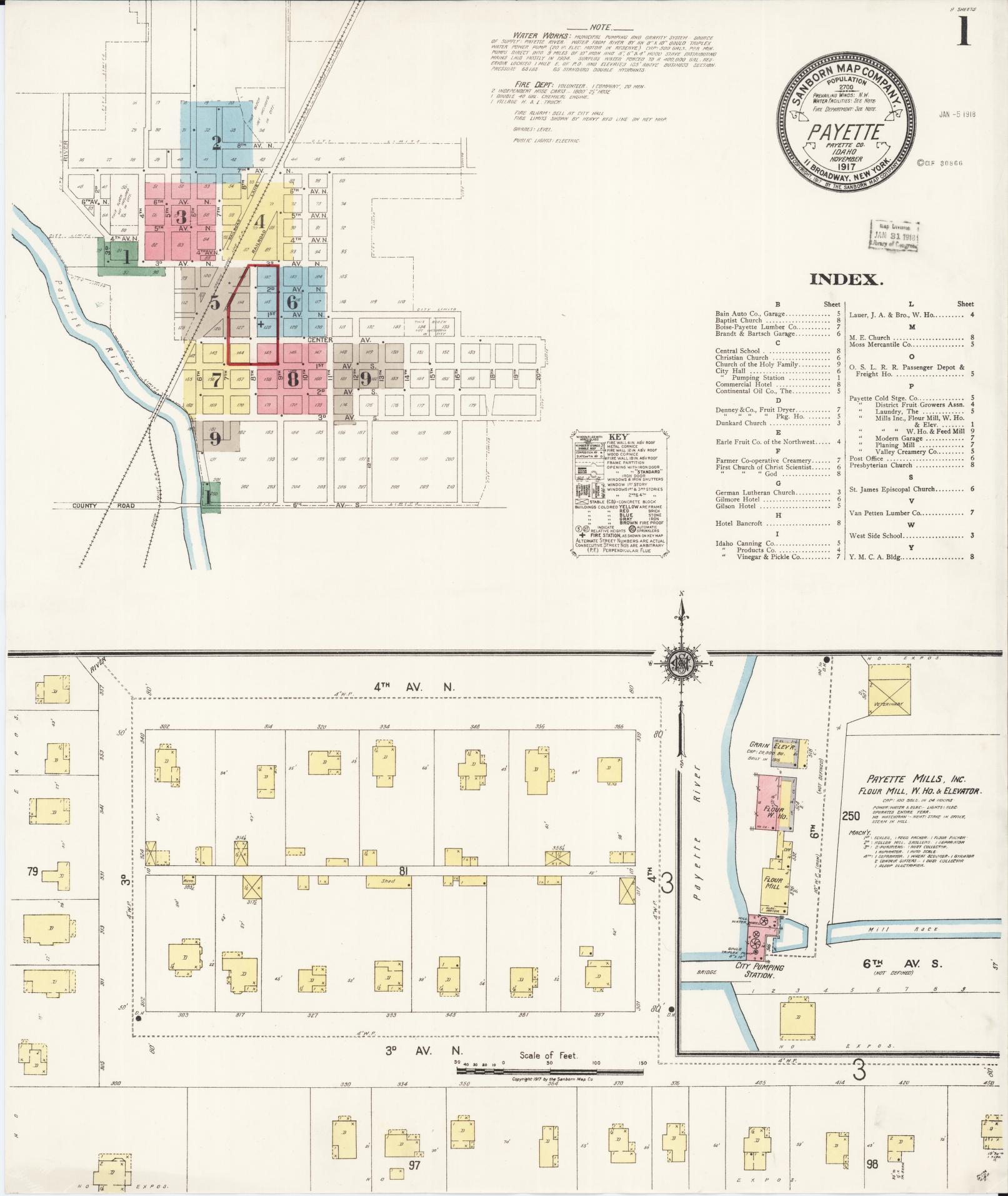 Sanborn Fire Insurance Map from Payette, Payette County, Idaho (1917), Sheet #0001 - Historic Sanborn Fire Insurance Map Print, vintage old map wall art, antique decor, genealogy gift, Idaho Idaho map