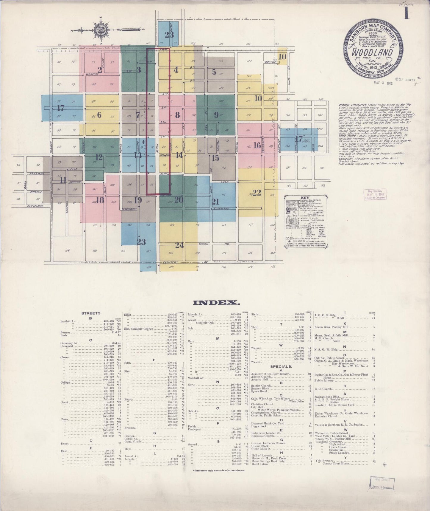 Sanborn Fire Insurance Map from Woodland, Yolo County, California (1912), Sheet #0001 - Complete Map Set gallery image, historic Sanborn map, vintage wall art, California California