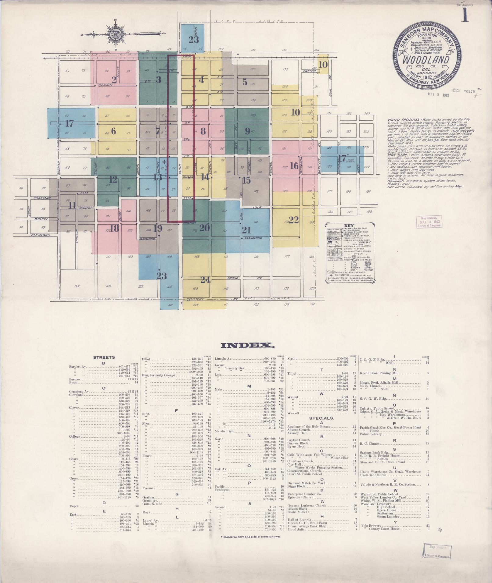 Sanborn Fire Insurance Map from Woodland, Yolo County, California (1912), Sheet #0001 - Complete Map Set gallery image, historic Sanborn map, vintage wall art, California California