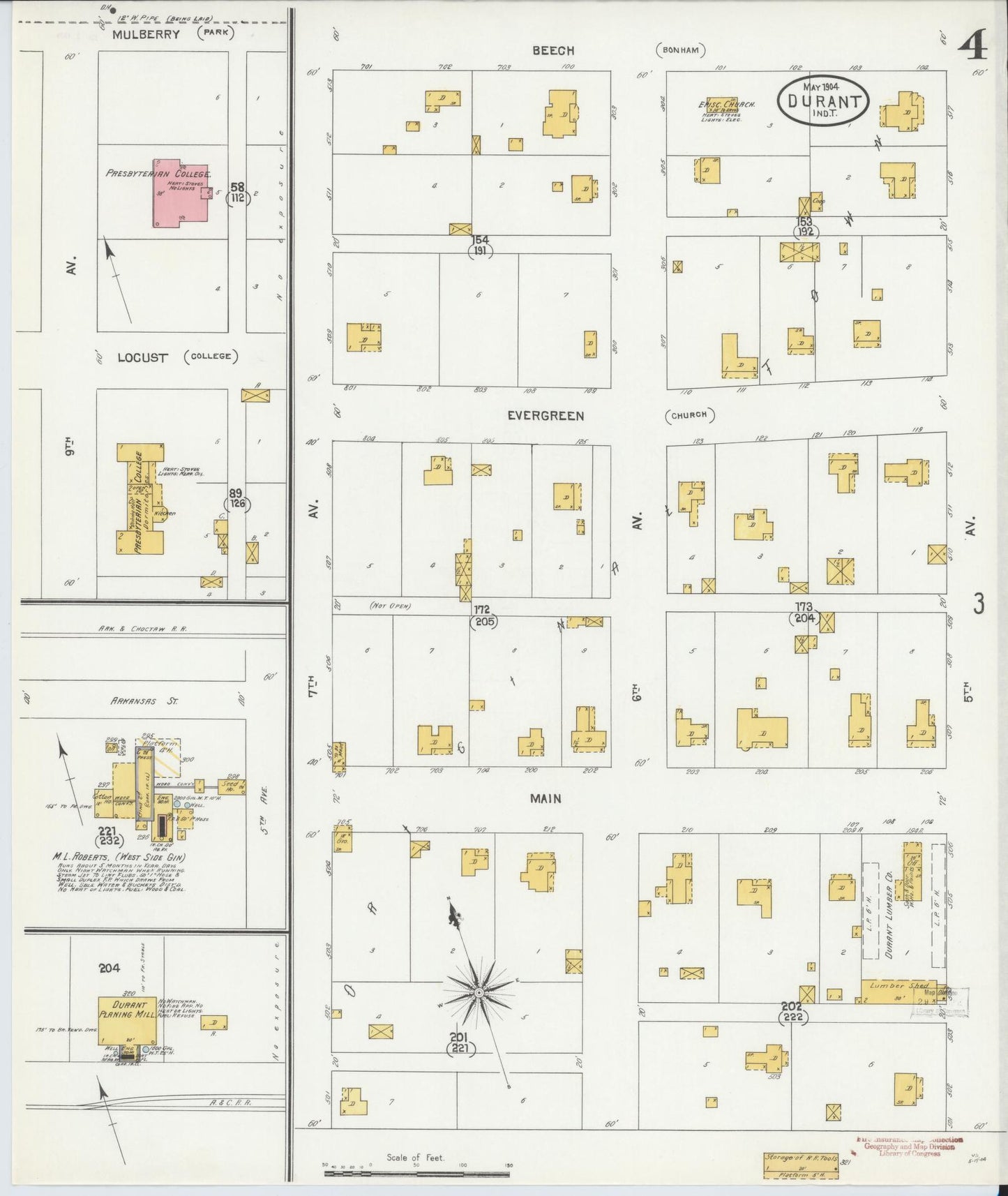 Sanborn Fire Insurance Map from Durant, Bryan County, Oklahoma (1904), Sheet #0004 - Complete Map Set gallery image, historic Sanborn map, vintage wall art, Oklahoma Oklahoma