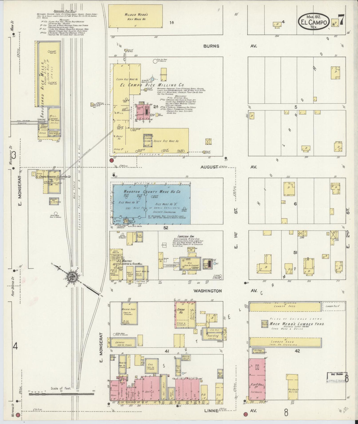 Sanborn Fire Insurance Map from El Campo, Wharton County, Texas (1912), Sheet #0007 - Historic Sanborn Fire Insurance Map Print, vintage old map wall art, antique decor, genealogy gift, Texas Texas map