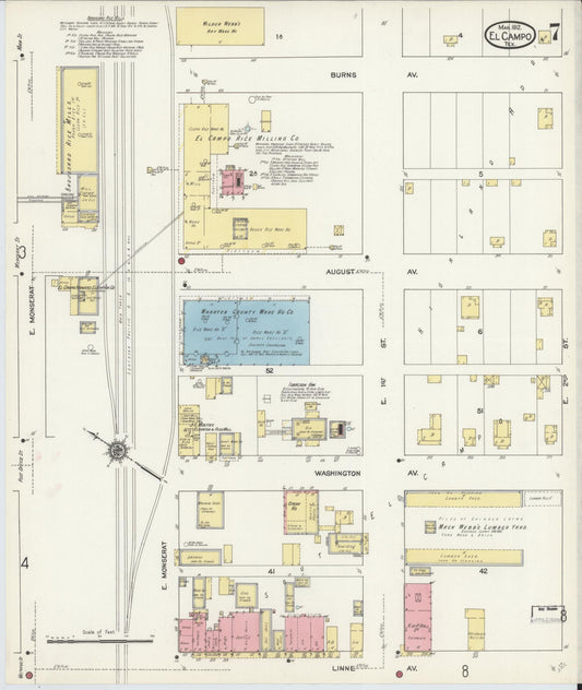 Sanborn Fire Insurance Map from El Campo, Wharton County, Texas (1912), Sheet #0007 - Historic Sanborn Fire Insurance Map Print, vintage old map wall art, antique decor, genealogy gift, Texas Texas map