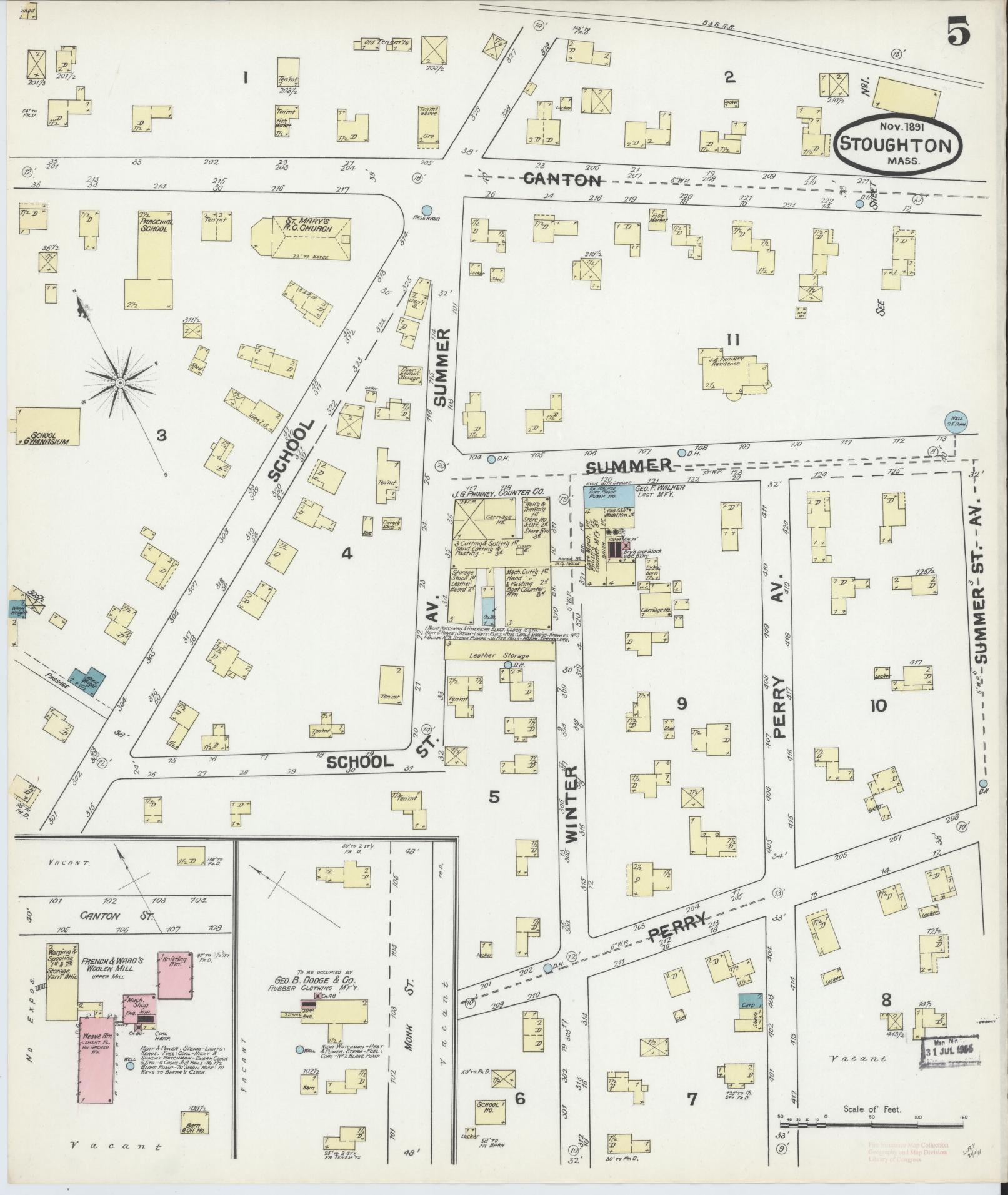 Sanborn Fire Insurance Map from Stoughton, Norfolk County, Massachusetts (1891), Sheet #0005 - Complete Map Set gallery image, historic Sanborn map, vintage wall art, Massachusetts Massachusetts