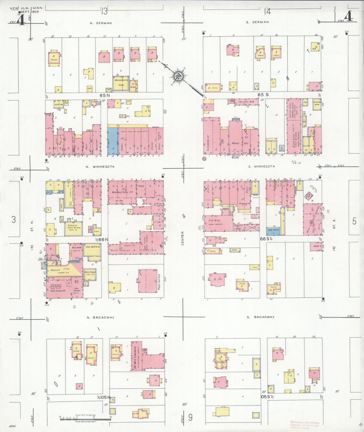 Sanborn Fire Insurance Map from New Ulm, Brown County, Minnesota (1935), Sheet #0004 - Historic Sanborn Fire Insurance Map Print, vintage old map wall art, antique decor, genealogy gift, Minnesota Minnesota map