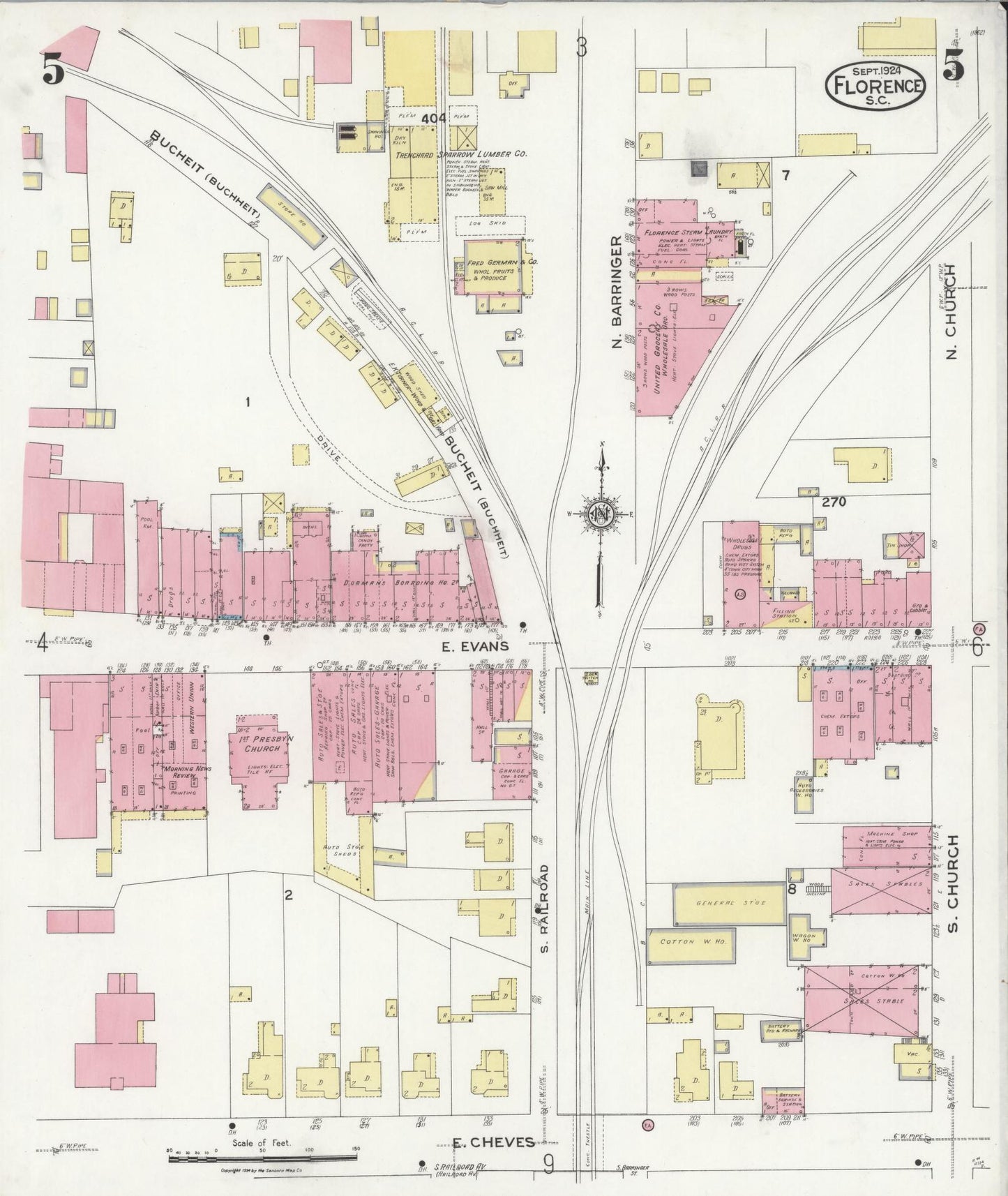 Sanborn Fire Insurance Map from Florence, Florence County, South Carolina (1924), Sheet #0005 - Historic Sanborn Fire Insurance Map Print, vintage old map wall art, antique decor, genealogy gift, South Carolina South Carolina map