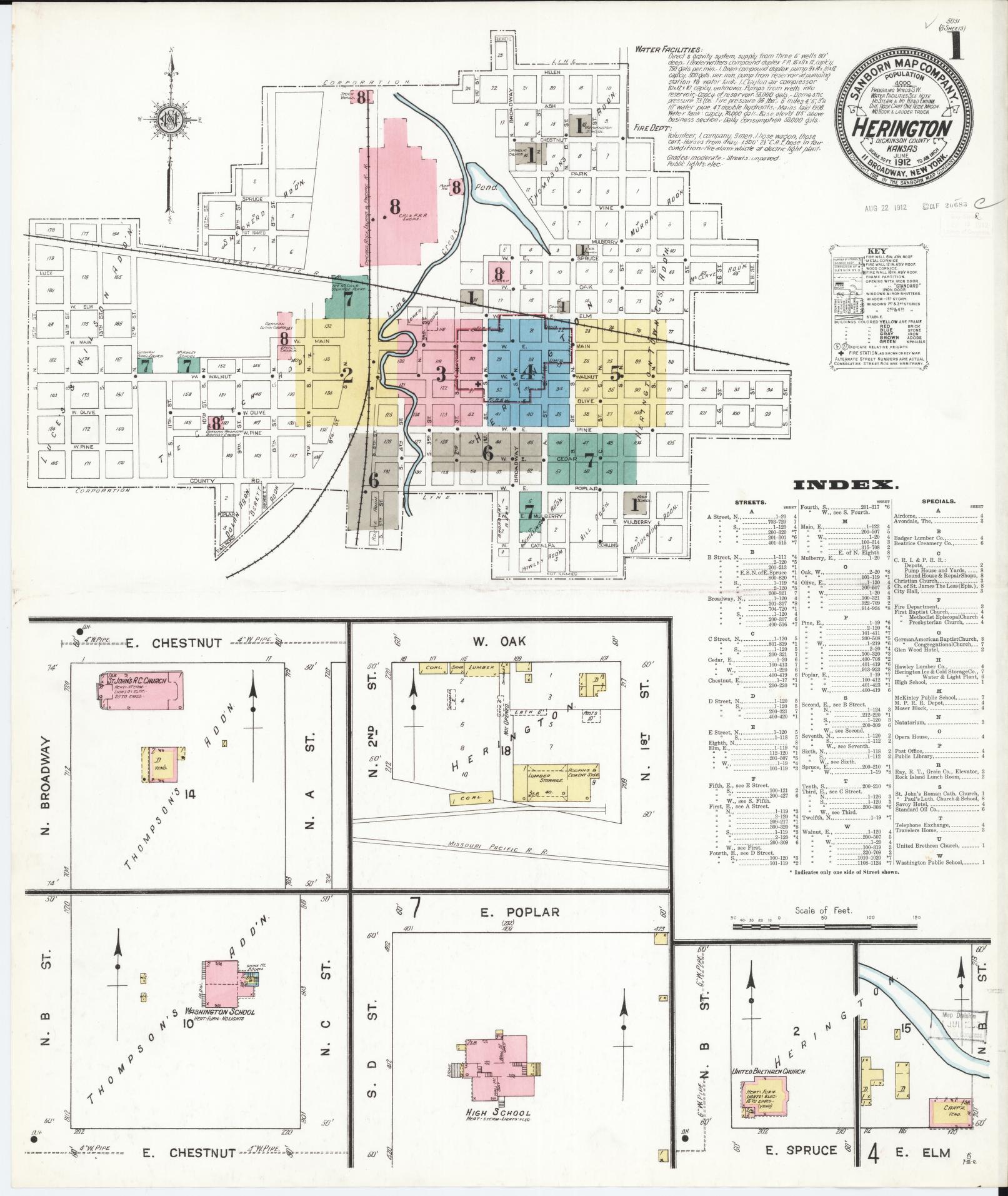 Sanborn Fire Insurance Map from Herington, Dickinson County, Kansas (1912), Sheet #0001 - Historic Sanborn Fire Insurance Map Print, vintage old map wall art, antique decor, genealogy gift, Kansas Kansas map